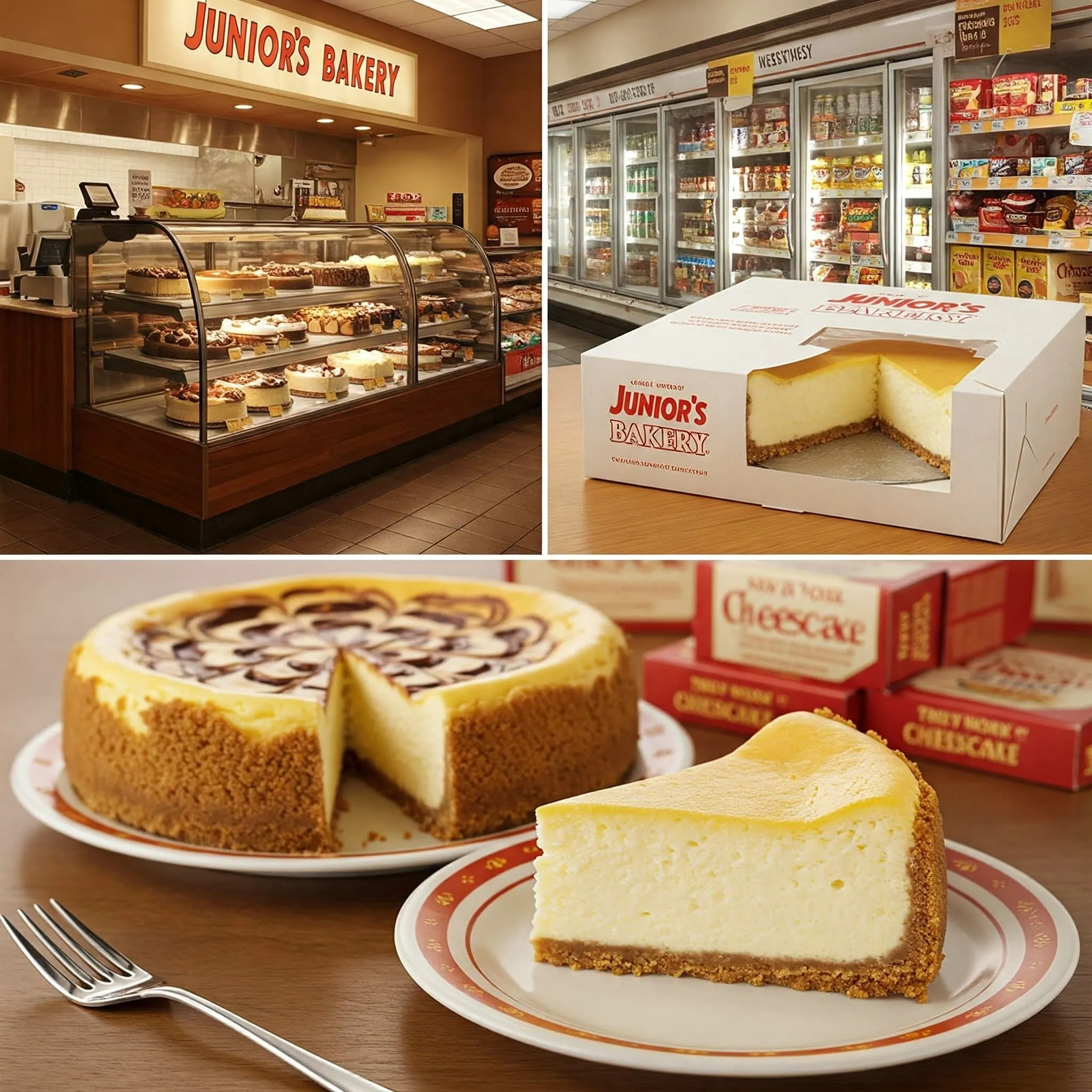 A slice of Junior’s famous New York-style cheesecake on a plate, surrounded by packaging and grocery store freezer displays showcasing the bakery’s products.