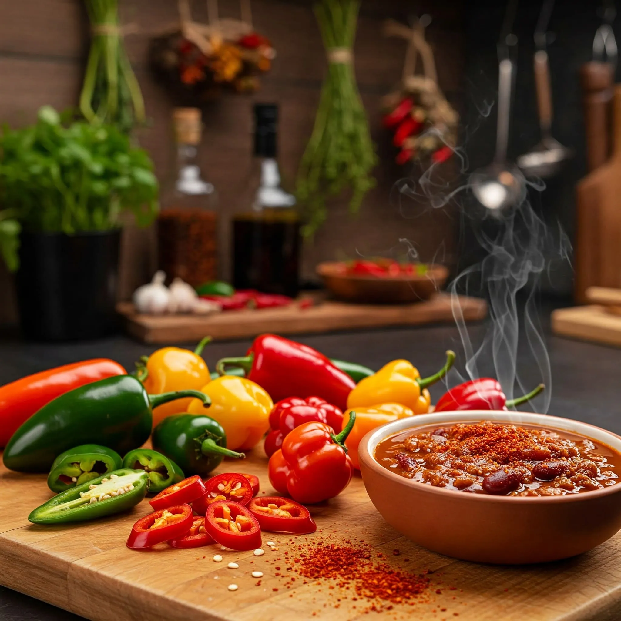 chilis : Assorted chilis peppers including Jalapeños, Habaneros, and Ghost Peppers on a wooden cutting board with chili-infused dish in the foreground.