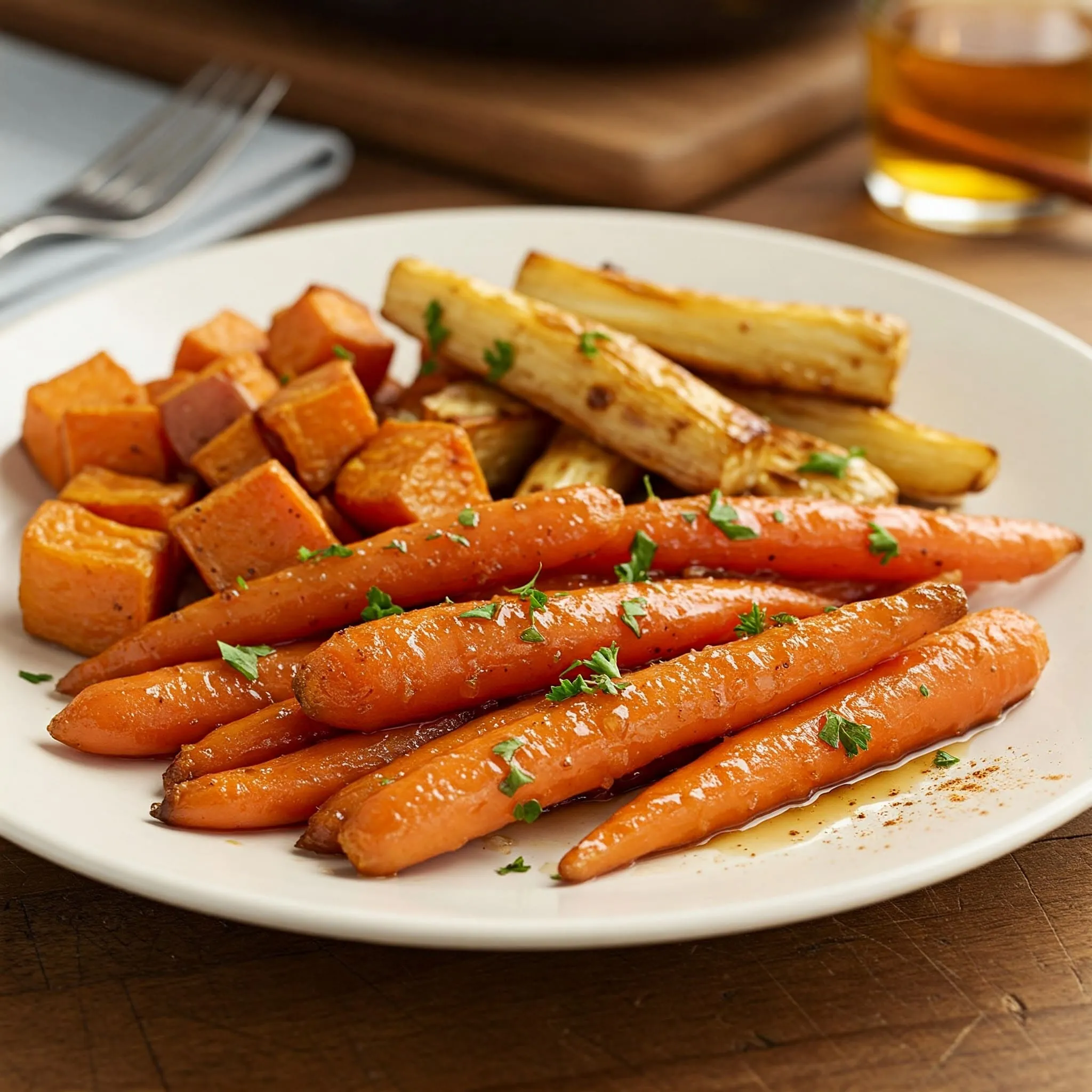 Maple glazed carrots, roasted sweet potatoes, and parsnips, garnished with cinnamon and fresh parsley, served on a rustic plate.