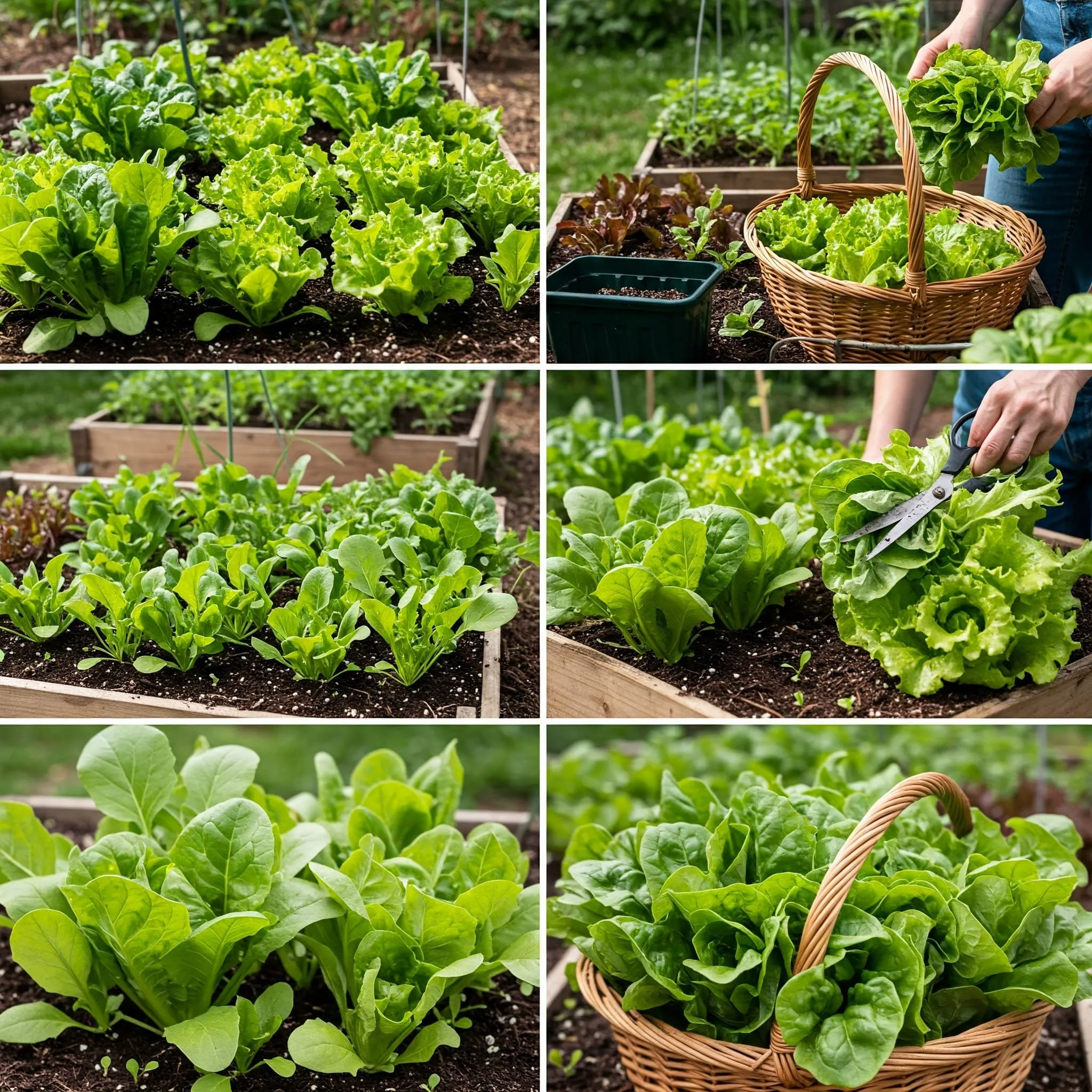 A garden with mesclun greens growing in raised beds and containers, with a gardener sowing seeds and harvesting fresh greens.