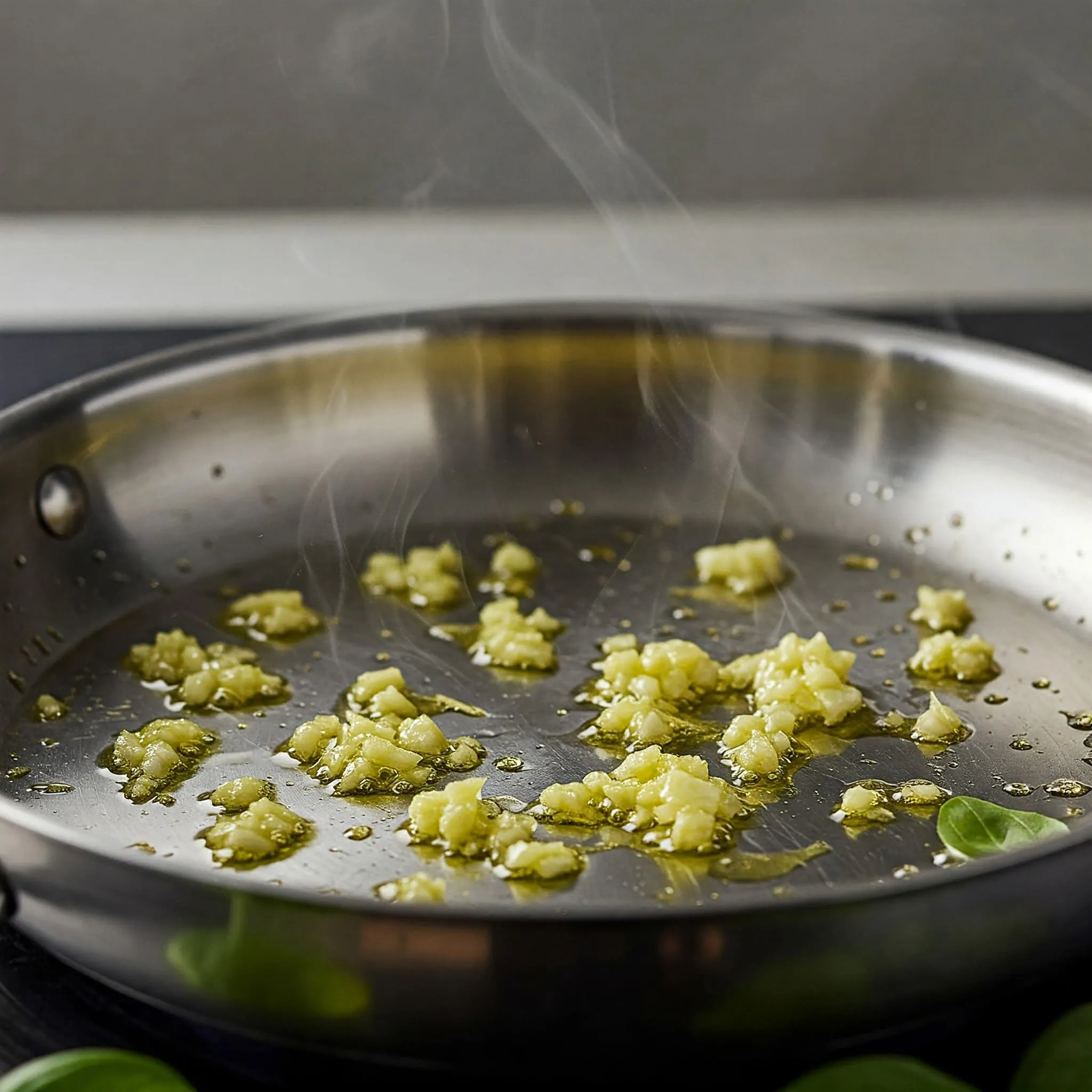 Close-up of minced garlic sizzling in olive oil in a skillet on the stove.