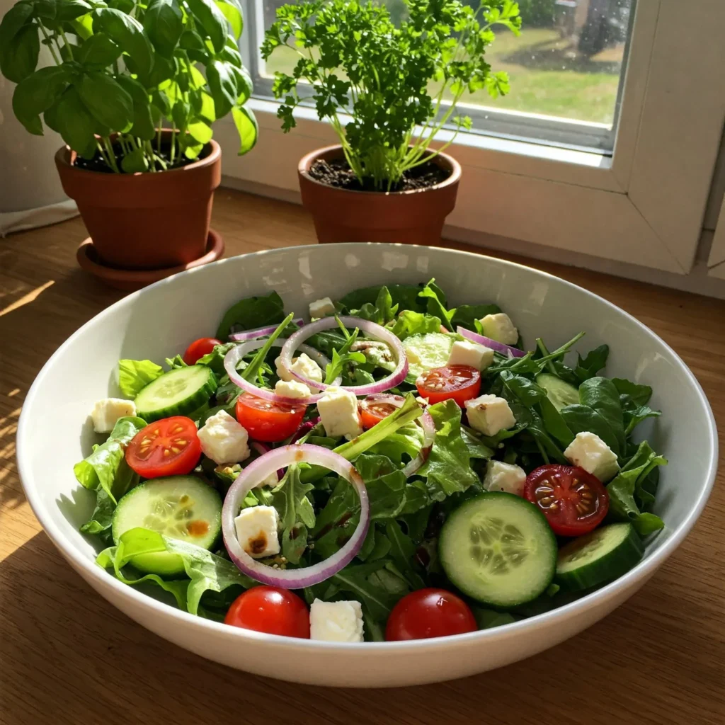 Fresh mesclun mix salad with cucumbers, cherry tomatoes, red onions, and crumbled feta, drizzled with balsamic vinaigrette.