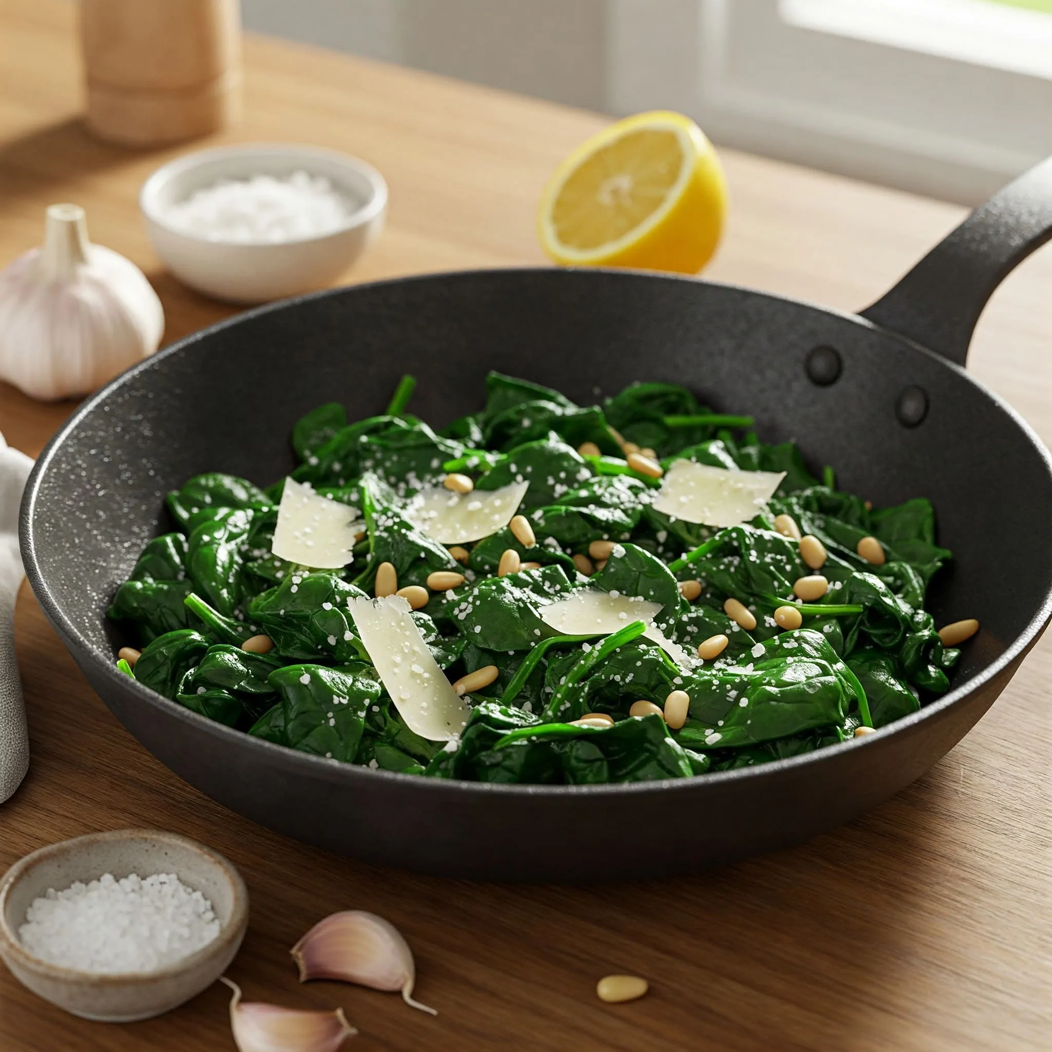 A rustic skillet filled with freshly sauteed spinach, garnished with Parmesan cheese, pine nuts, and a wedge of lemon.