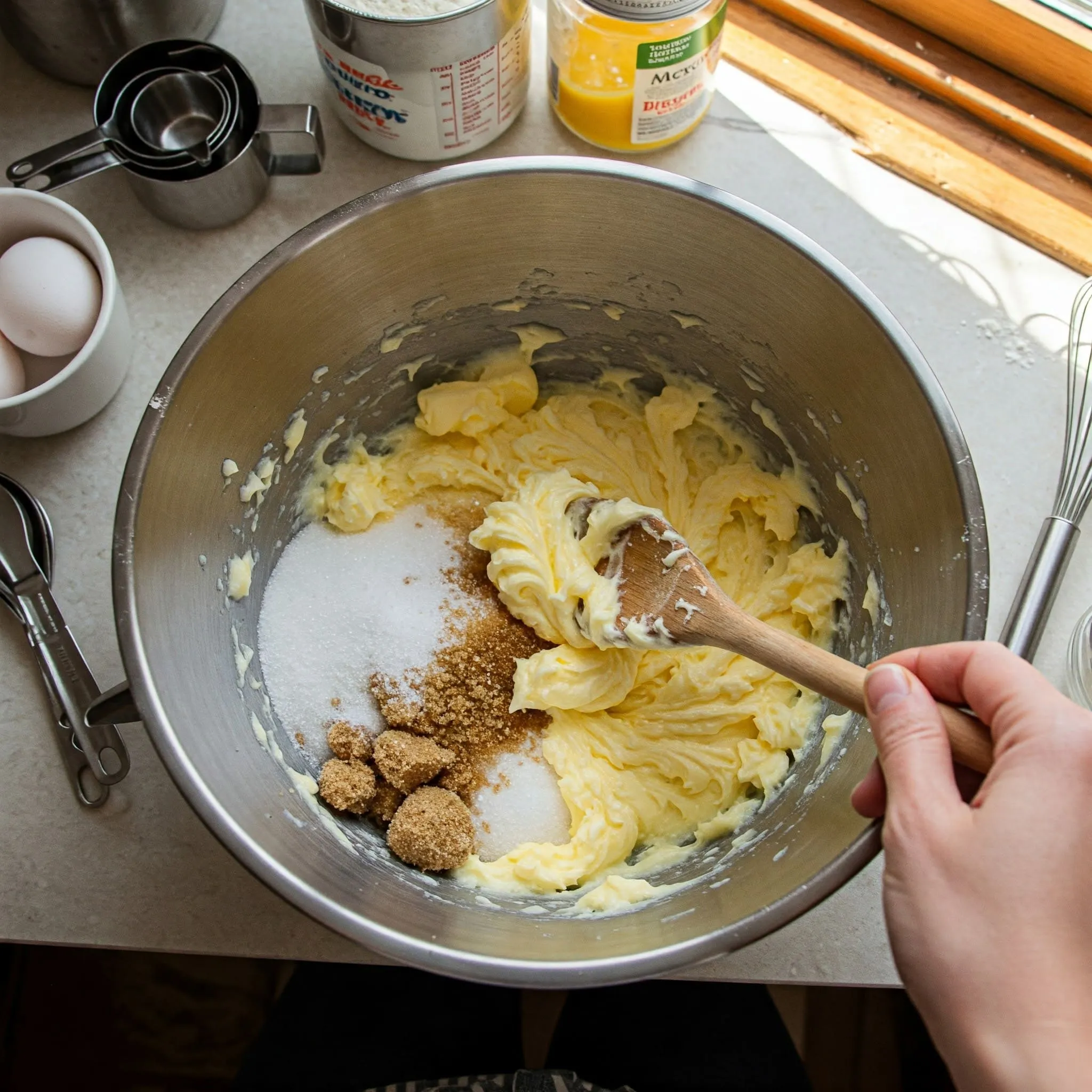 Butter, granulated sugar, and brown sugar being creamed together in a mixing bowl with a wooden spoon.