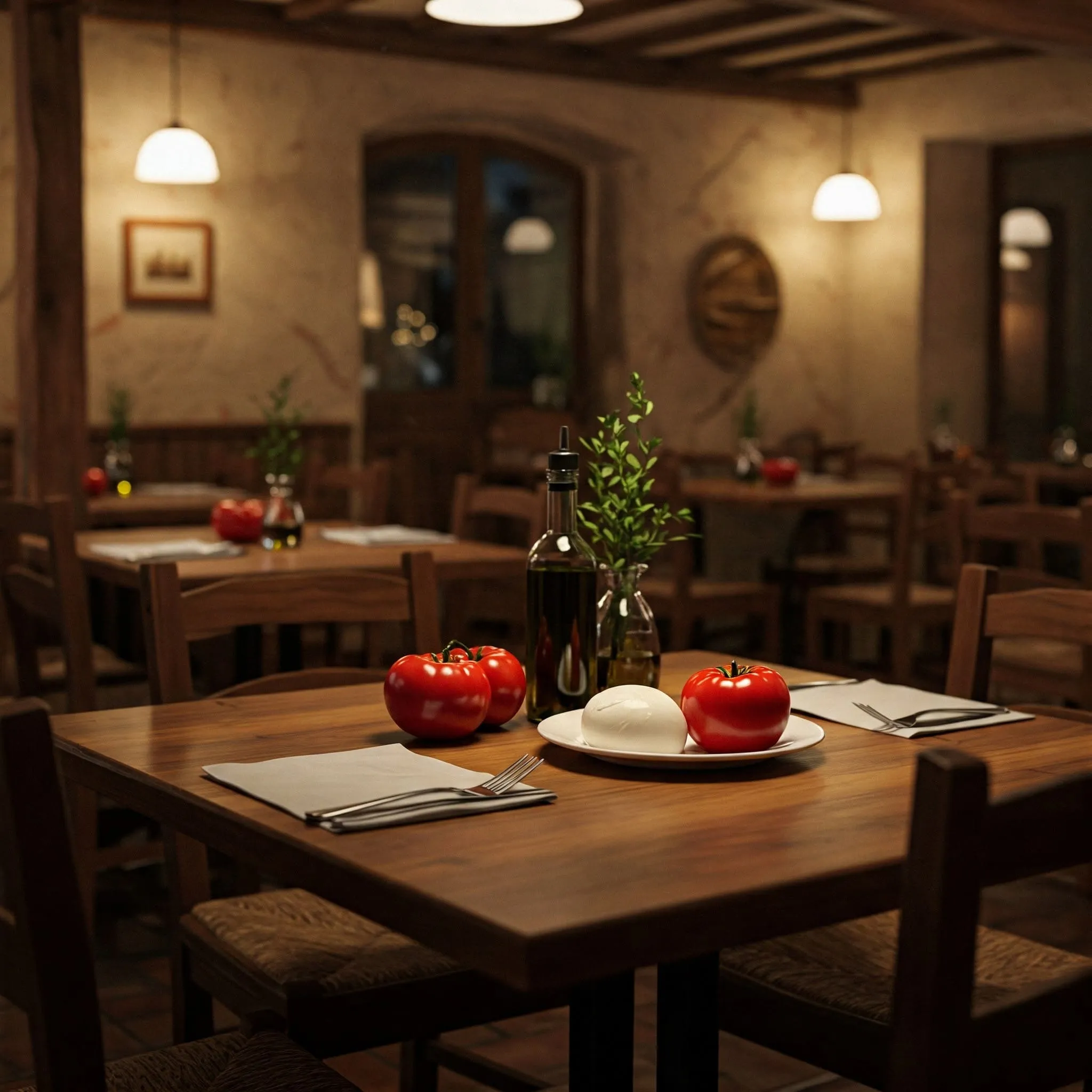 Cozy Italian restaurant interior with rustic wooden tables, soft lighting, and traditional ingredients like San Marzano tomatoes and fresh mozzarella.