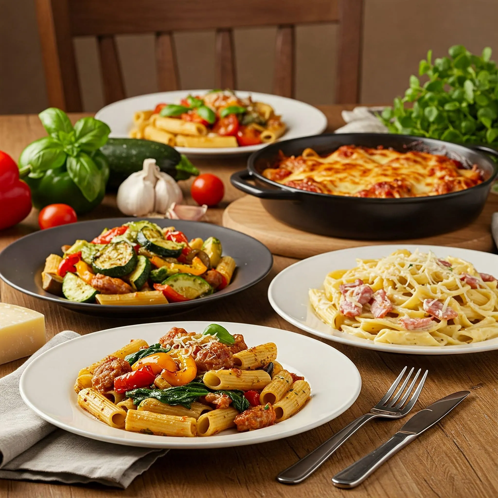 Creative Variations of Rigatoni for a Flavorful Dinner(1)_11zon Four creative variations of rigatoni dishes, including pesto with roasted vegetables, baked sausage and ricotta, one-pot chicken and spinach, and creamy carbonara.