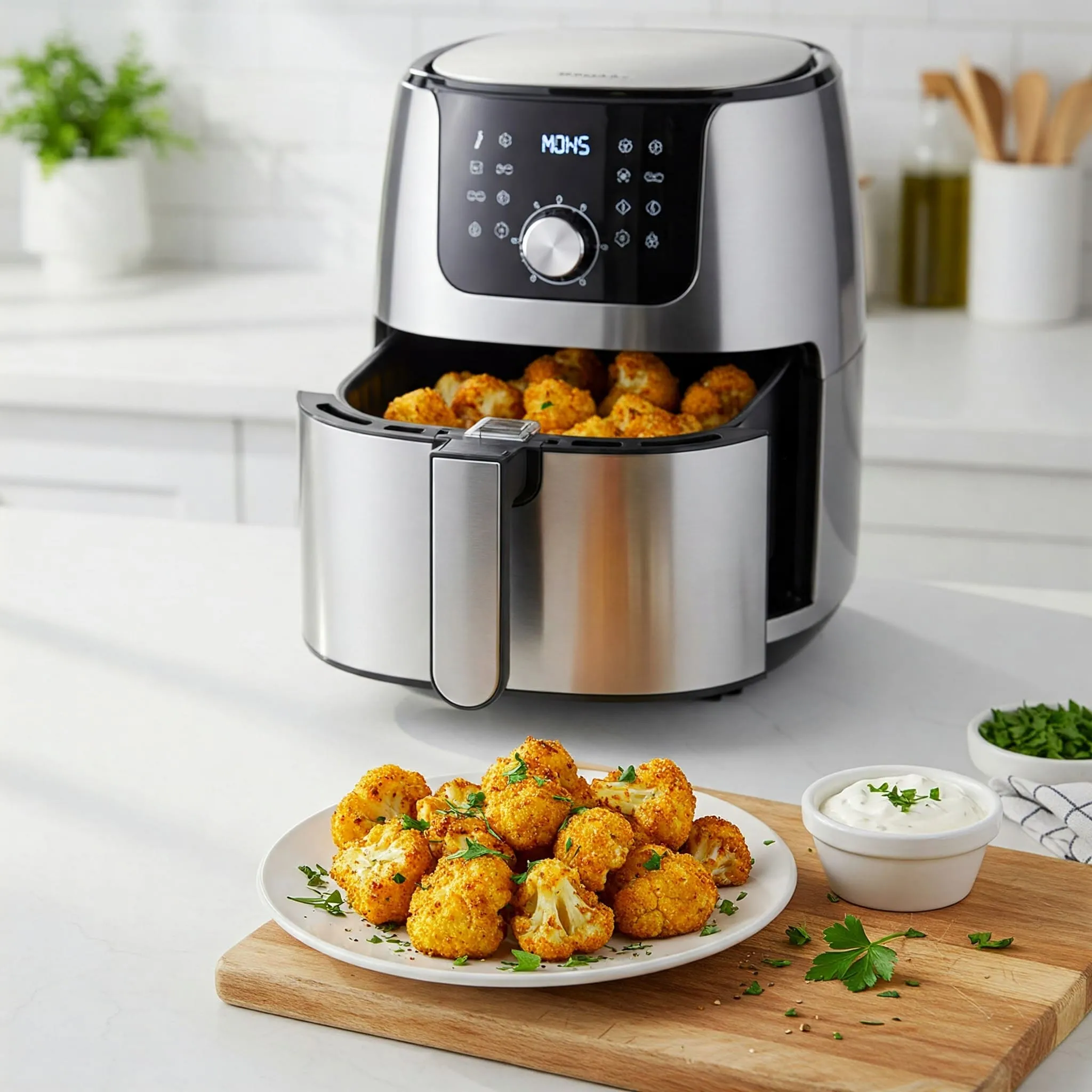 Air fryer with crispy cauliflower florets and dipping sauce on a wooden kitchen counter.