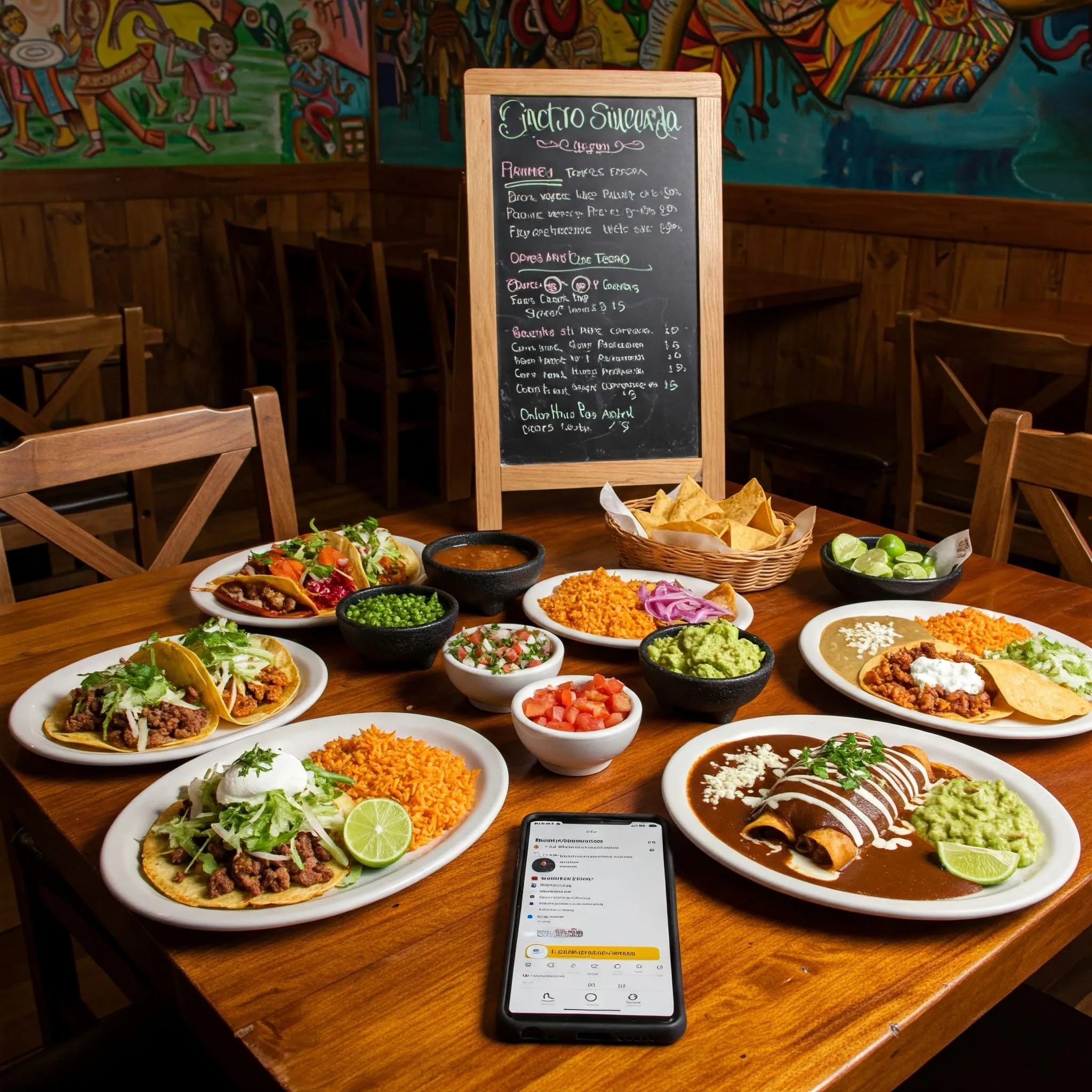 Cozy Mexican restaurant with vibrant tacos, enchiladas, guacamole, and a chalkboard menu, highlighting popular dishes with excellent reviews.