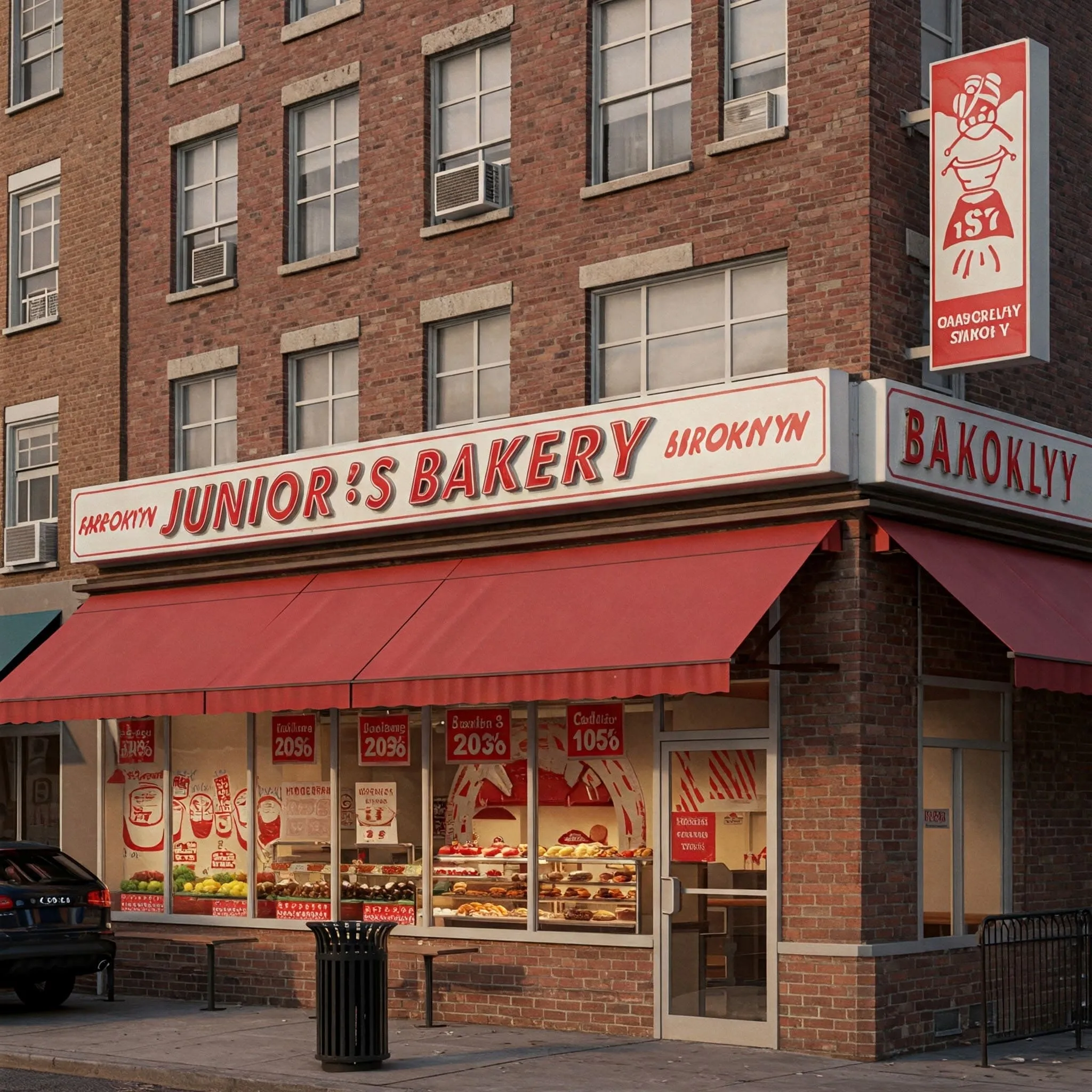 The iconic Junior’s Bakery in Brooklyn, featuring its red-and-white signage, a cozy diner interior, and a display case filled with cheesecakes.