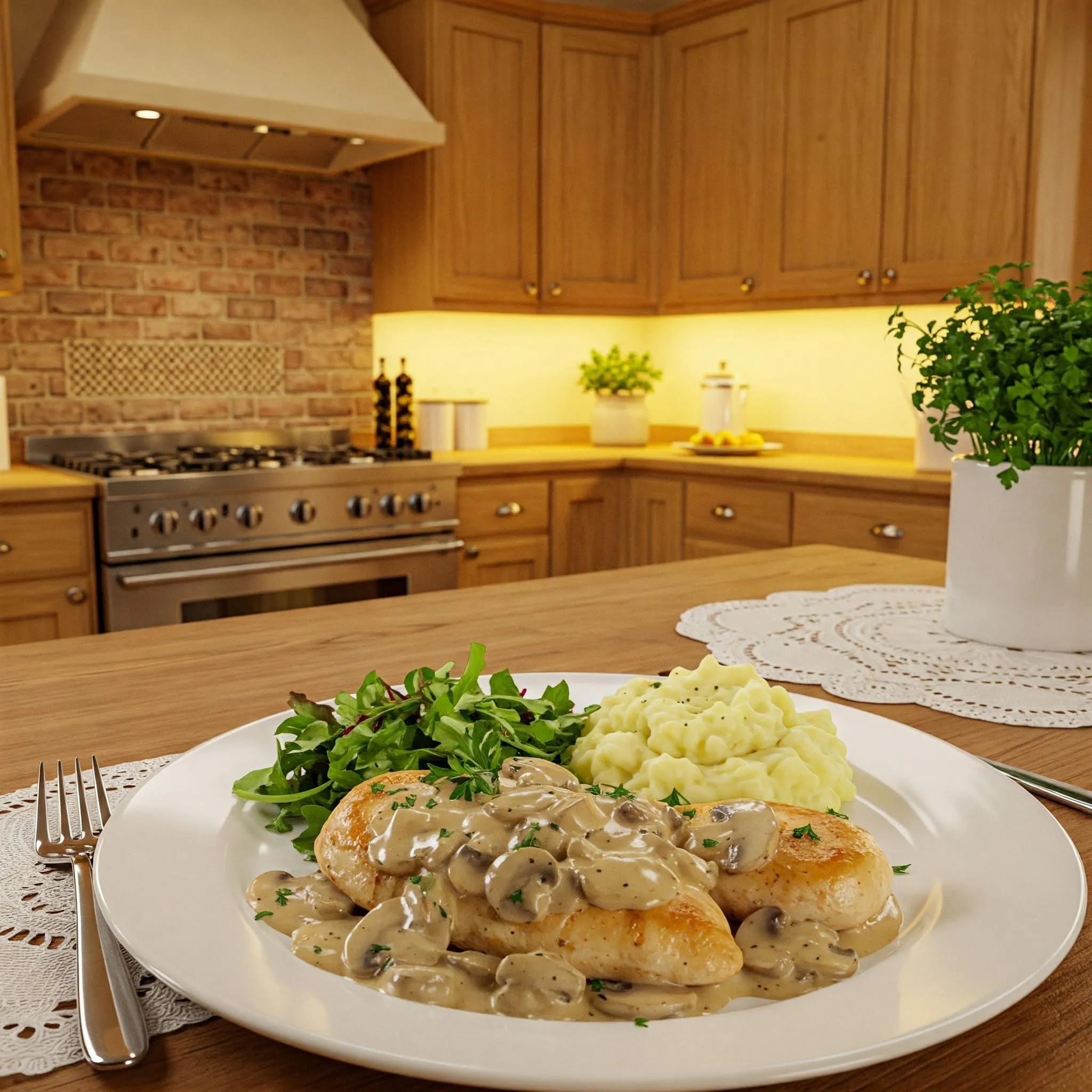 A comforting Mushroom Chicken dish with creamy sauce, mashed potatoes, and a fresh salad in a cozy kitchen.