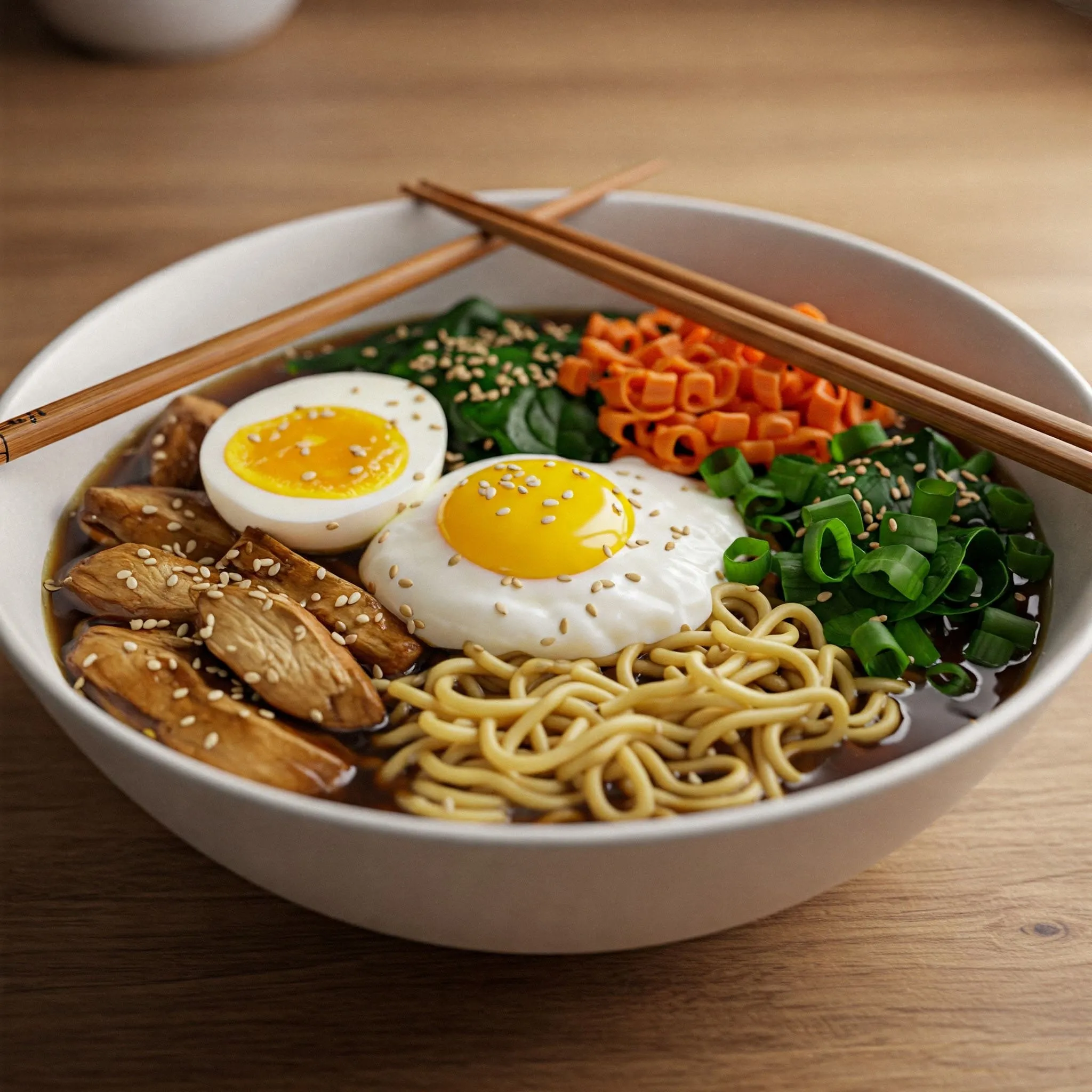 A bowl of homemade ramen with fresh noodles, topped with boiled egg, chicken, vegetables, and garnished with green onions and sesame seeds.