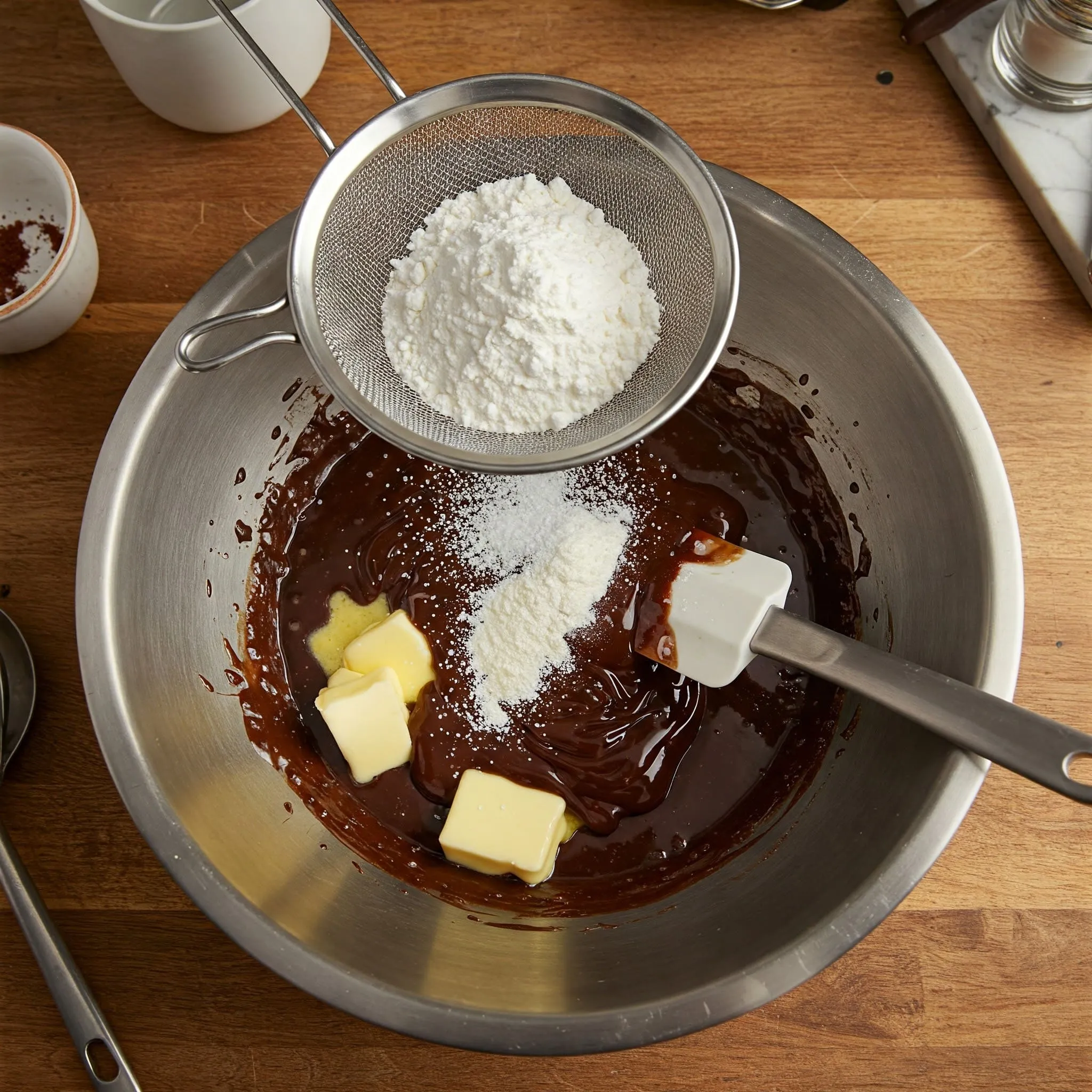 Sifting flour and salt into a melted chocolate and butter mixture for lava cake batter.