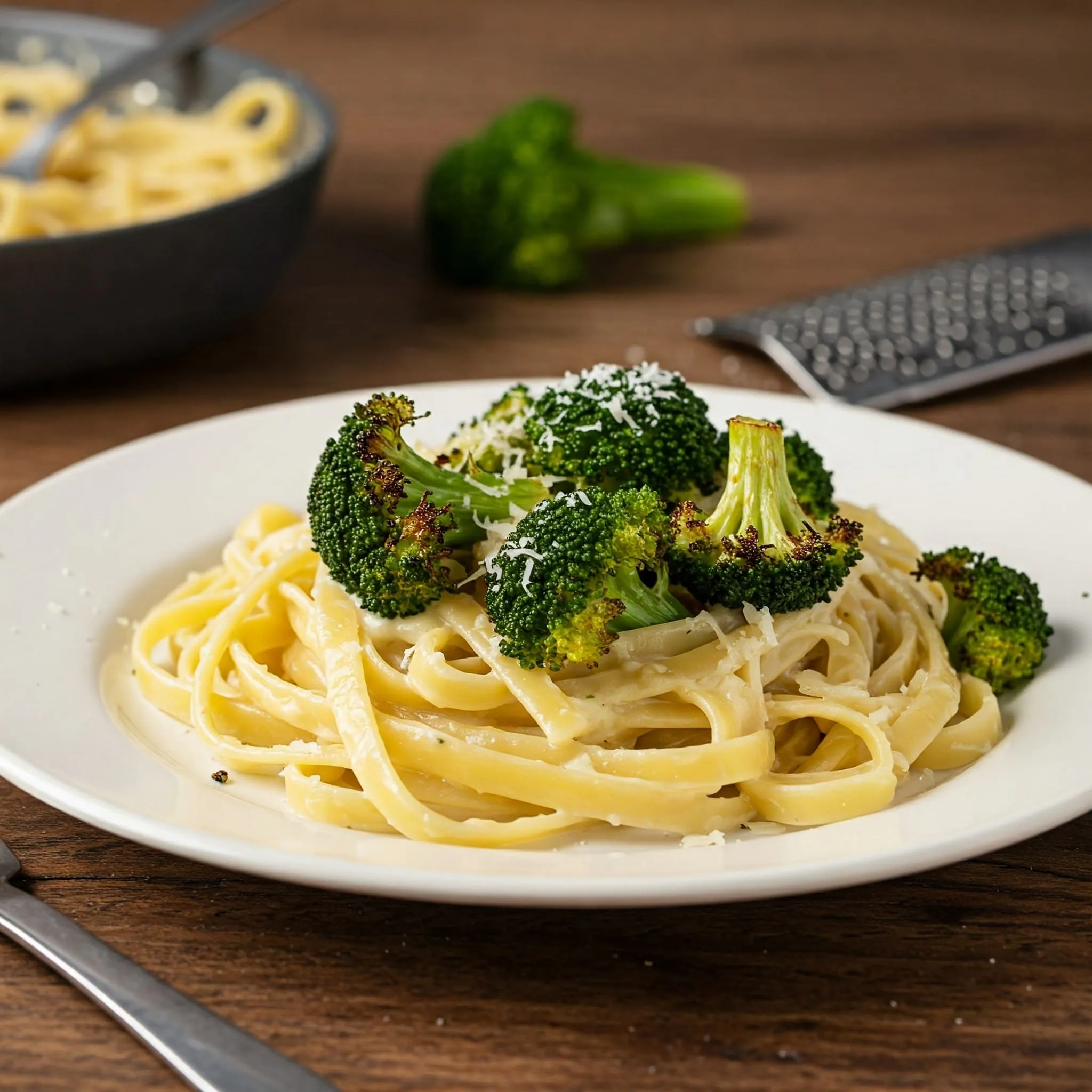  A plate of Roasted Broccoli Alfredo with creamy fettuccine pasta and caramelized roasted broccoli florets, garnished with parmesan cheese.