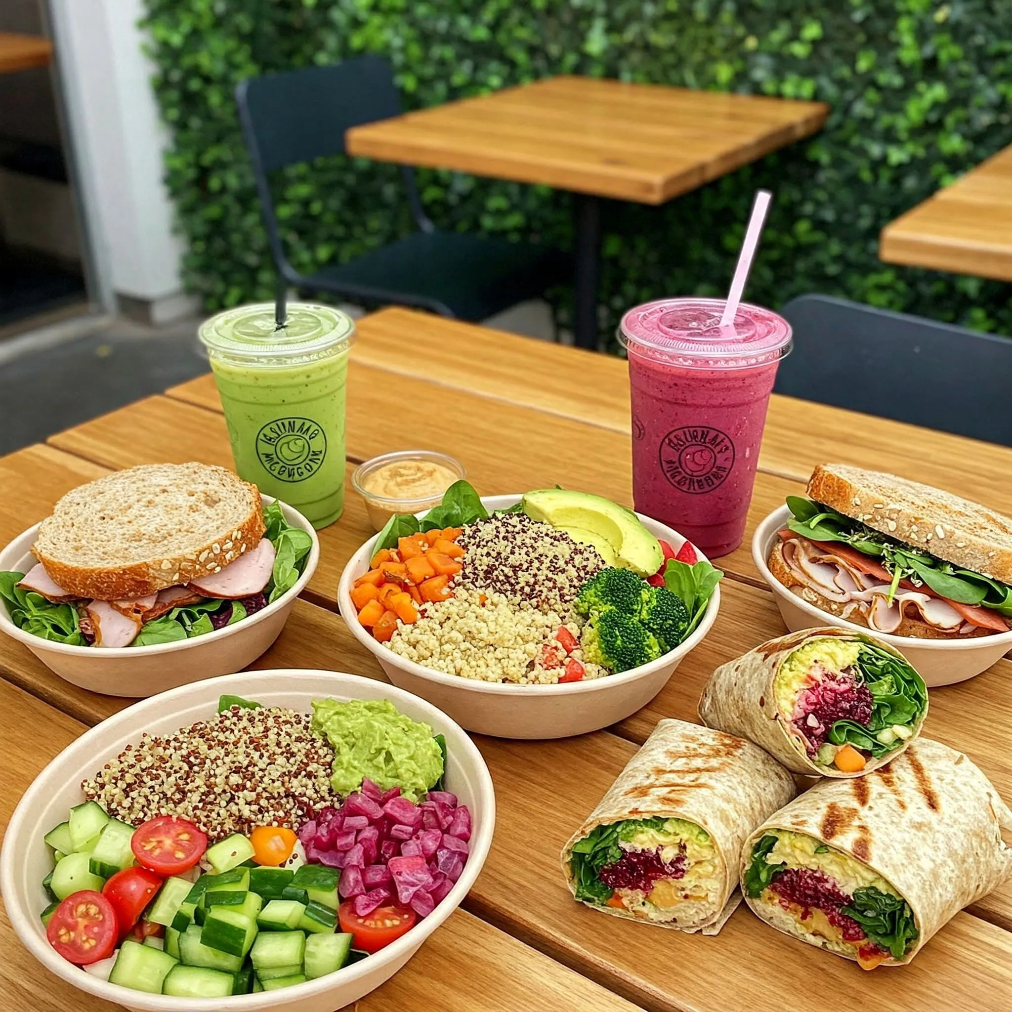 Healthy and delicious meals including salad bowls, grain bowls, sandwiches, and smoothies, set in a modern cafe environment.