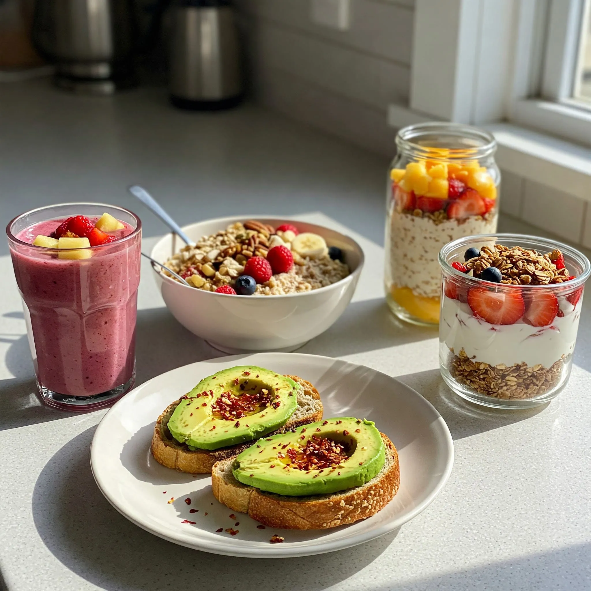 A variety of easy and healthy breakfast options, including a smoothie, oatmeal, avocado toast, and a yogurt parfait.