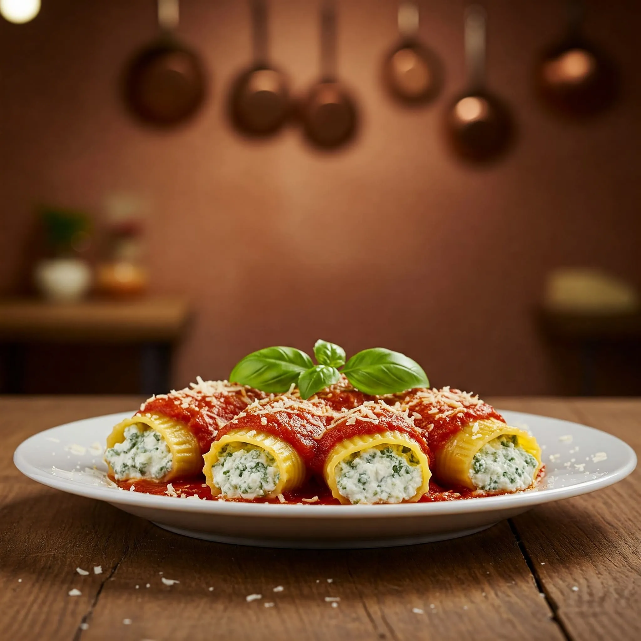 Delicious plate of manicotti filled with ricotta and mozzarella, topped with tomato sauce and fresh basil.