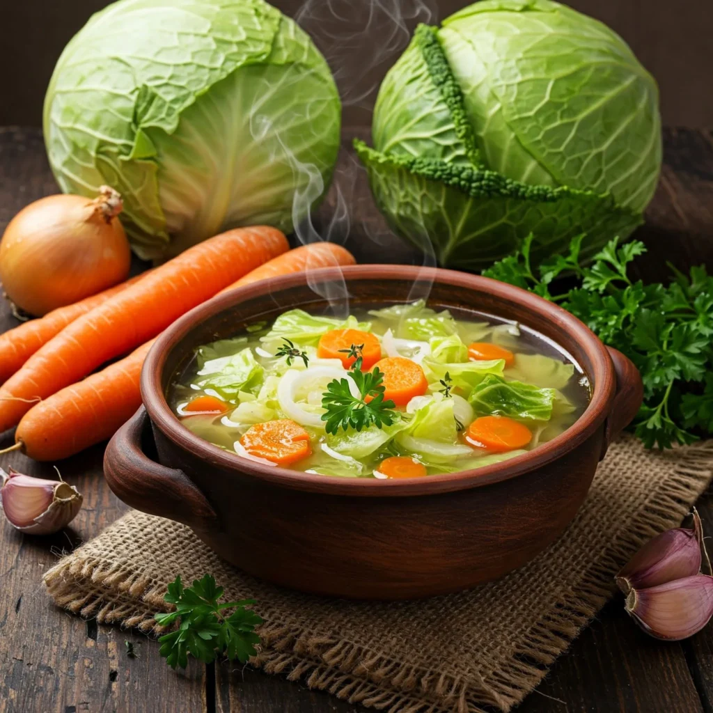 Hearty bowl of cabbage soup with fresh vegetables like carrots, onions, and garlic, served on a rustic wooden table.