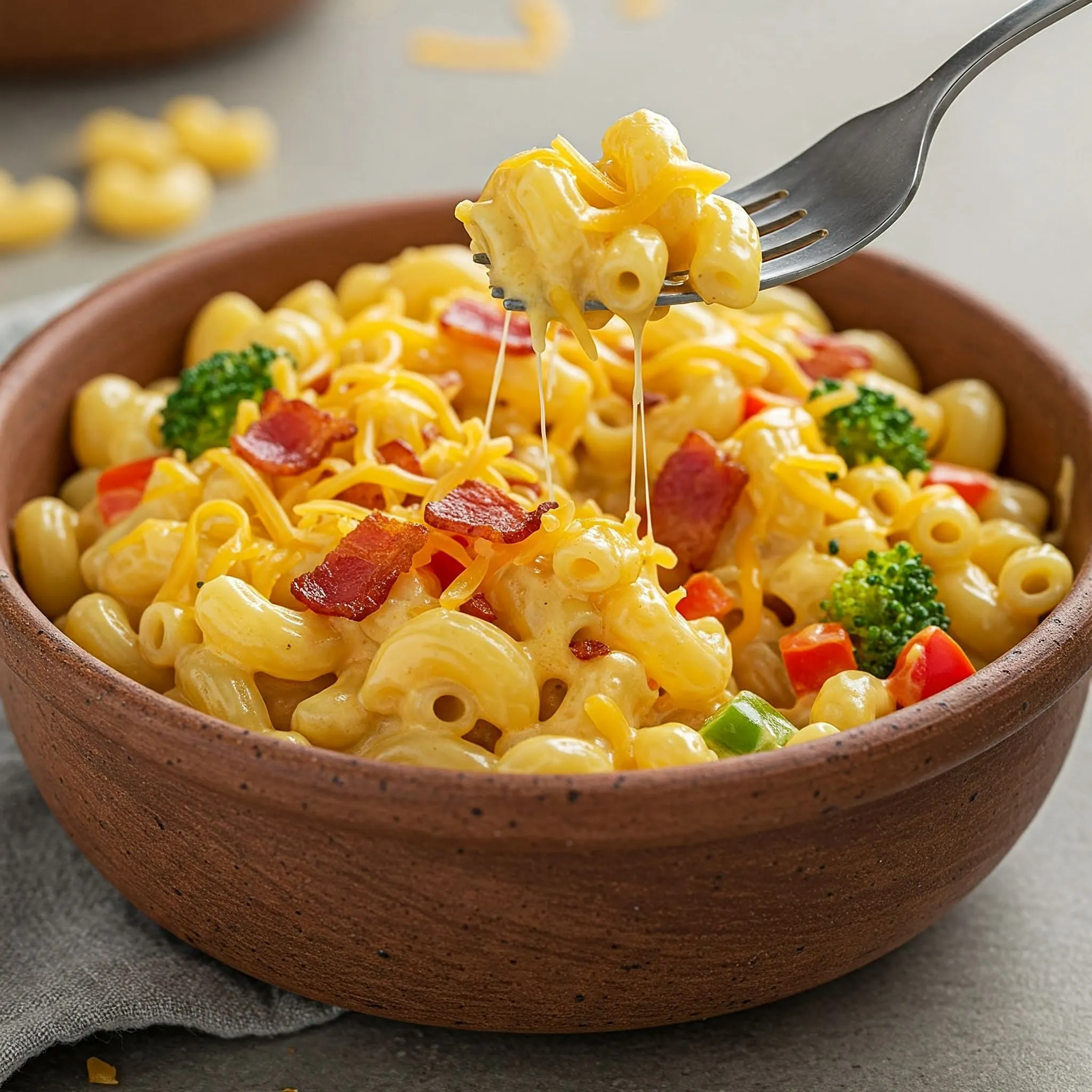 A comforting bowl of mac and cheese topped with crispy bacon, colorful veggies, and melted cheese.