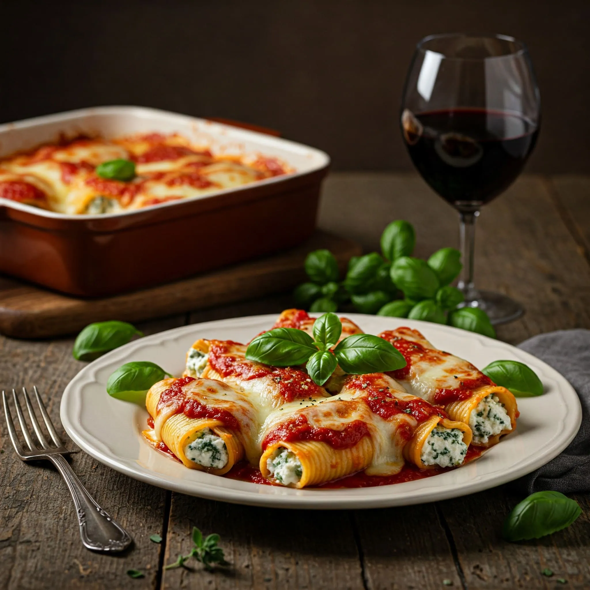 Rustic Italian kitchen setting featuring a plate of manicotti pasta stuffed with ricotta cheese, topped with marinara sauce and mozzarella, garnished with basil leaves.

