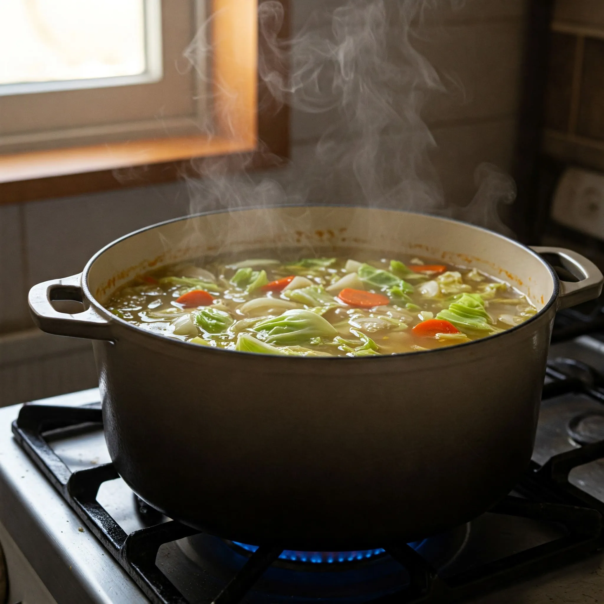 A large pot of simmering cabbage soup with tender vegetables like cabbage, carrots, and onions on a stovetop.