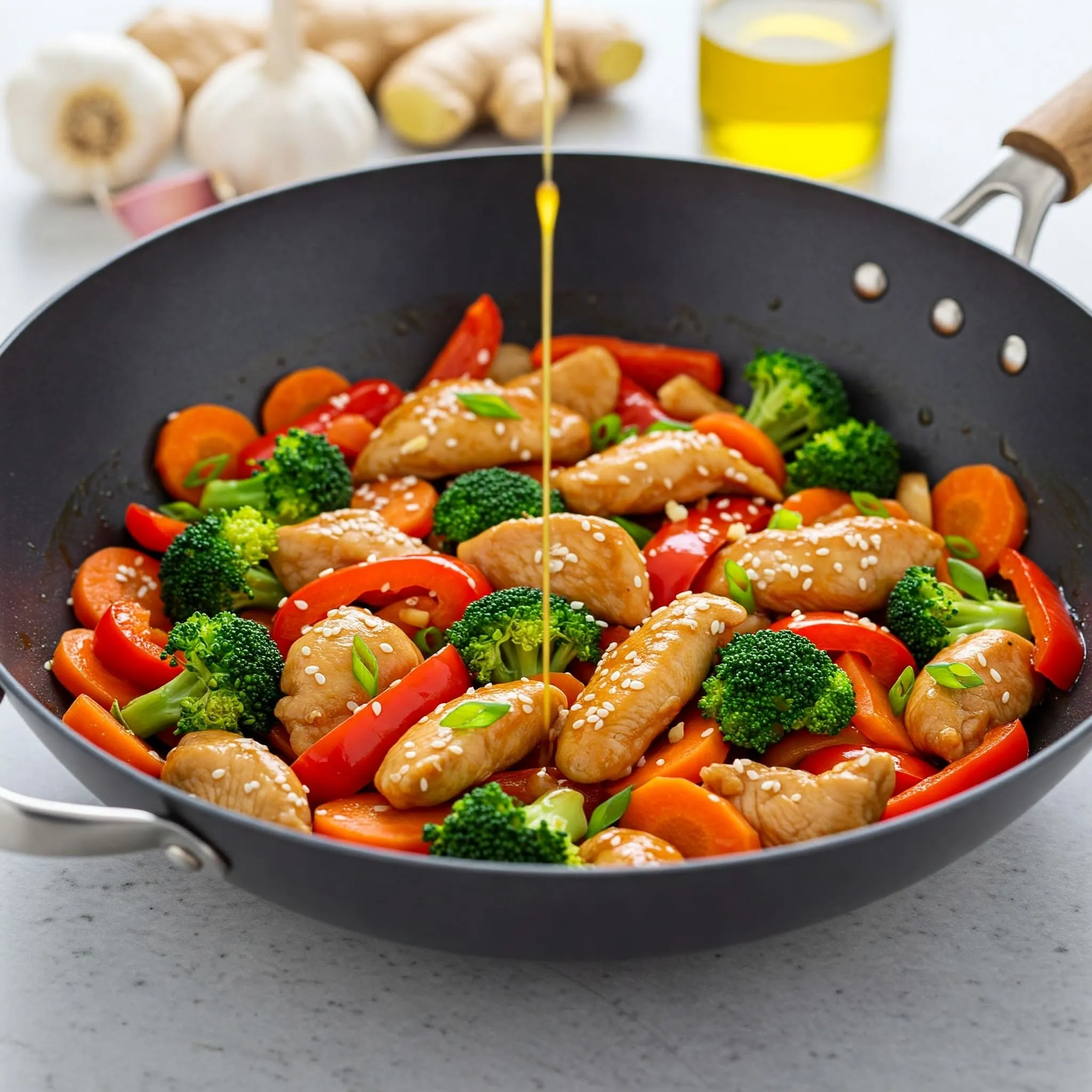 Healthy chicken stir fry with colorful vegetables like bell peppers, carrots, and broccoli, served in a wok.