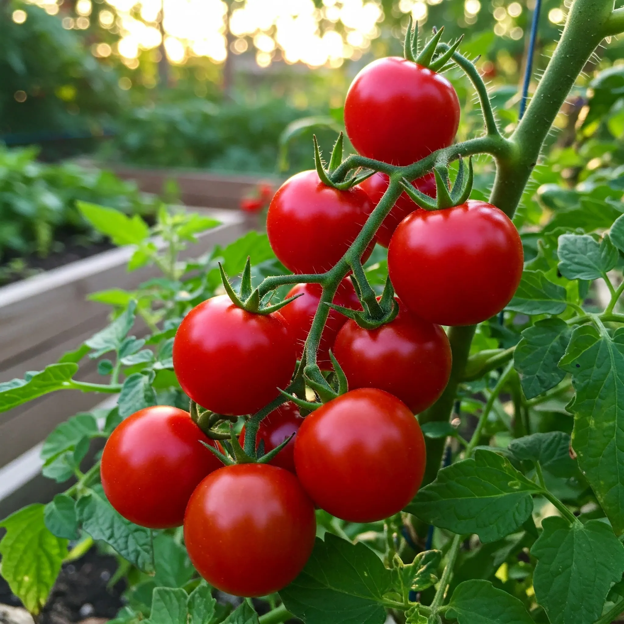 Close-up of ripe sweetie tomatoes growing on lush green vines in a vibrant home garden.