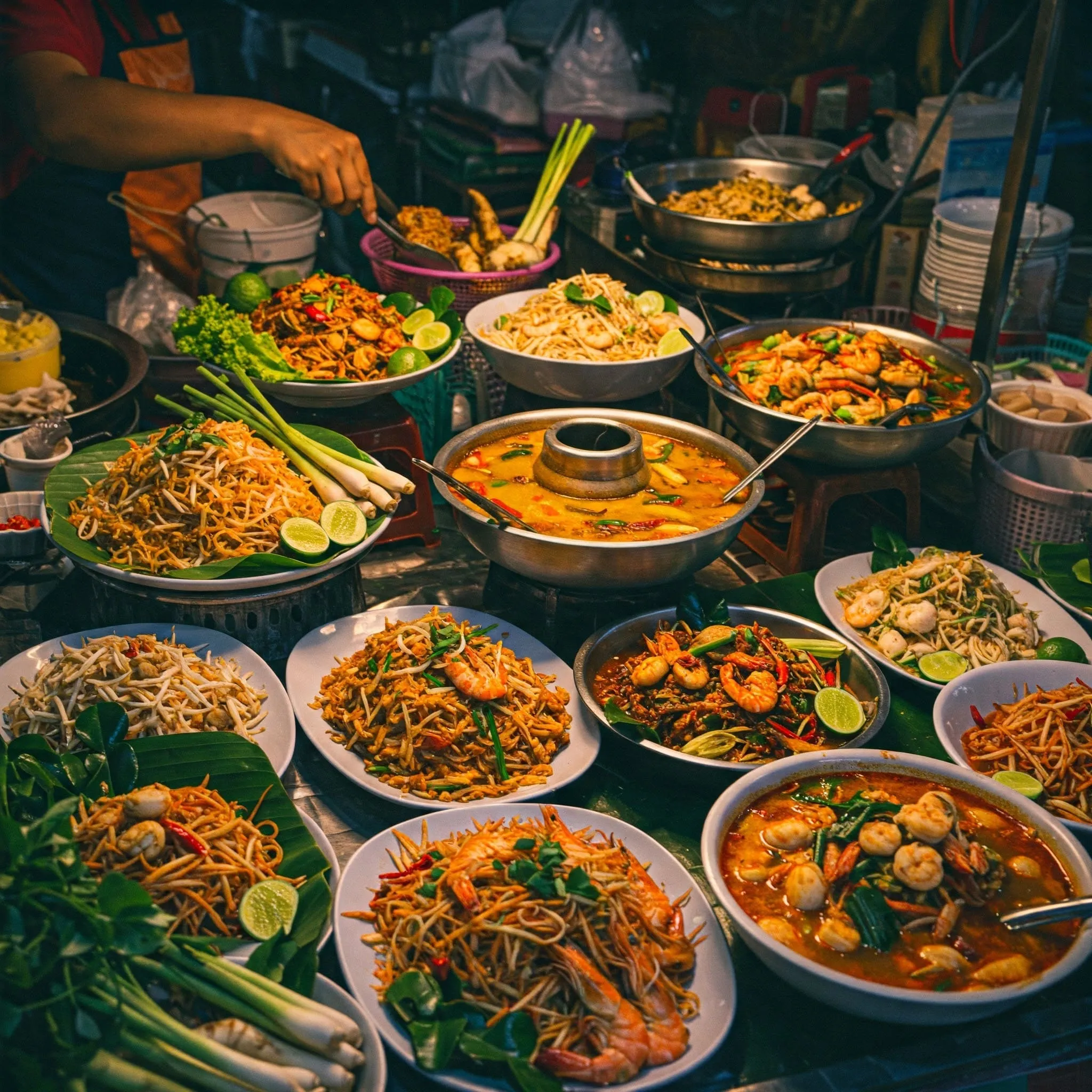 A vibrant Thai street food scene featuring dishes like Pad Thai, Tom Yum Soup, and Green Curry, surrounded by fresh herbs and spices.