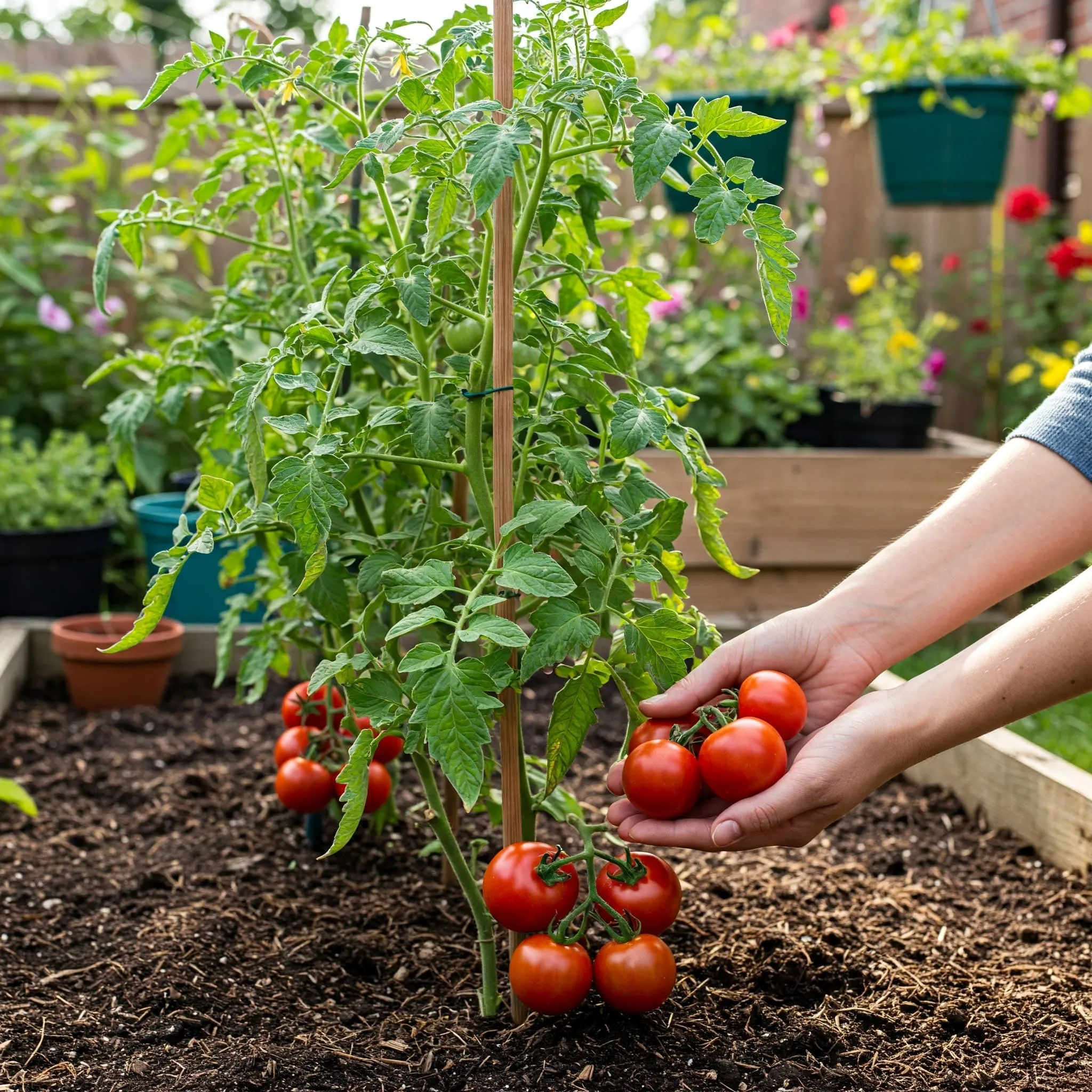 Beginner-friendly home garden with sweetie tomatoes growing on healthy vines in a small, well-maintained garden.