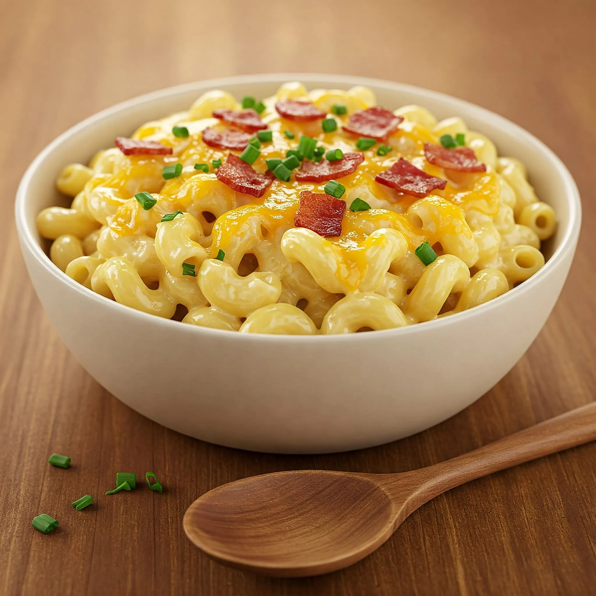 Creamy mac and cheese with crispy bacon and fresh herbs.