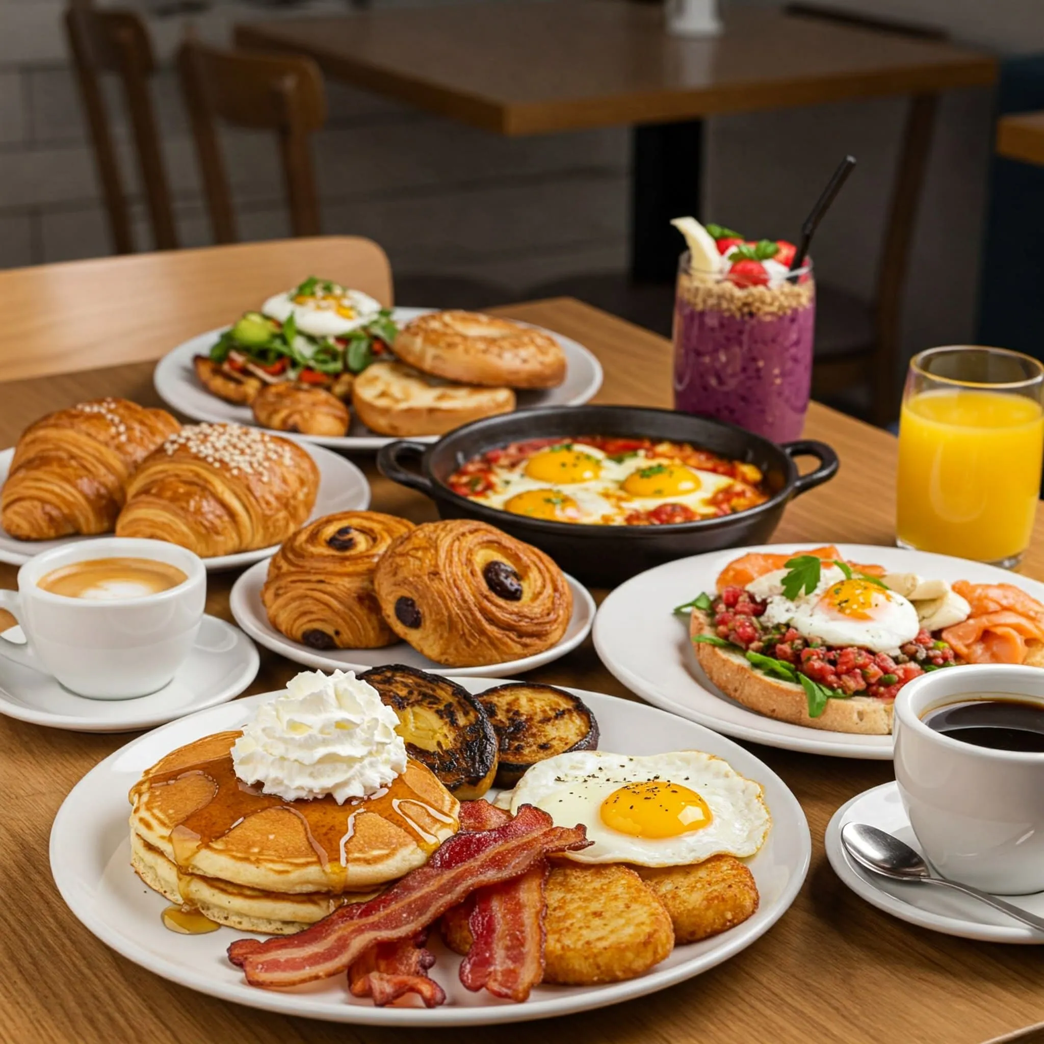 A variety of breakfast dishes including pancakes, eggs, bacon, croissants, danishes, huevos rancheros, shakshuka, smoothie bowls, and gourmet bagels, arranged in a cozy café setting.

