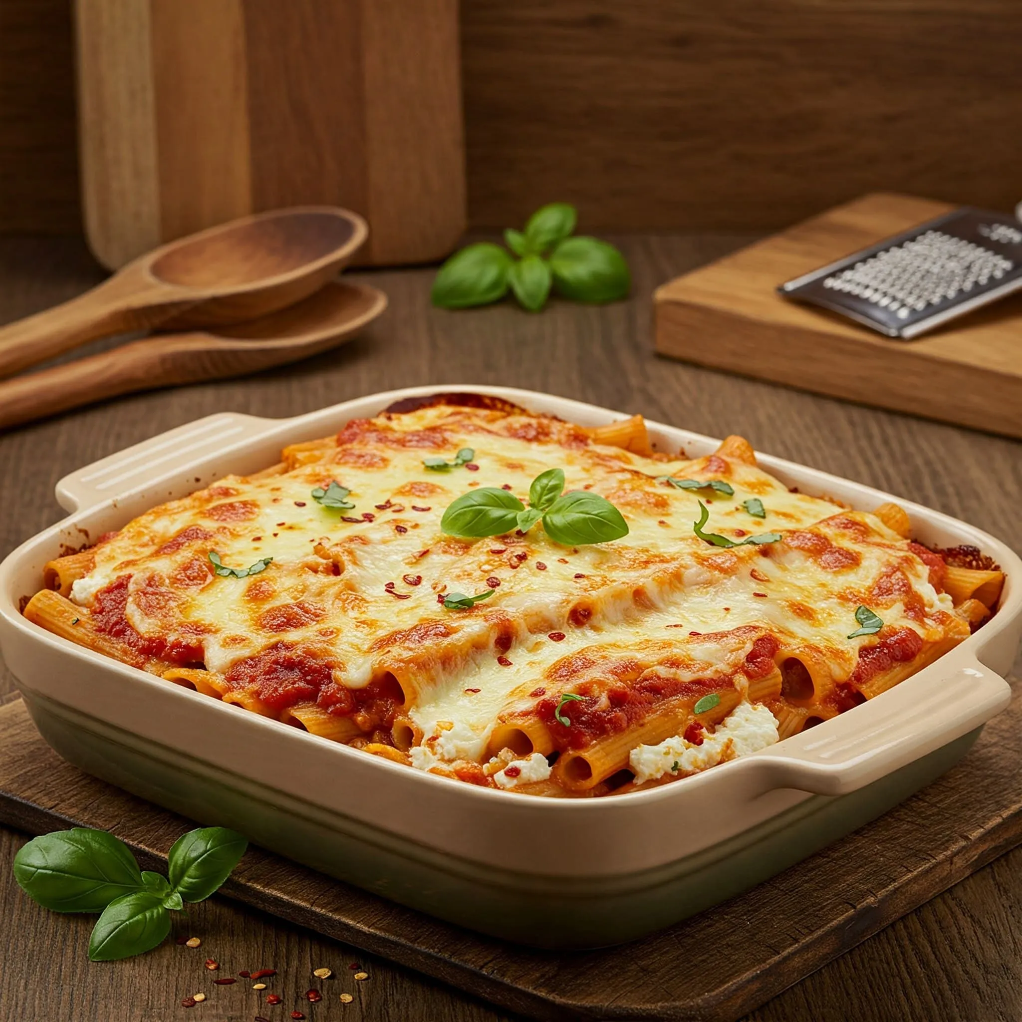 Layered baked ziti with golden cheese crust, marinara sauce, and fresh basil in a rustic kitchen setting