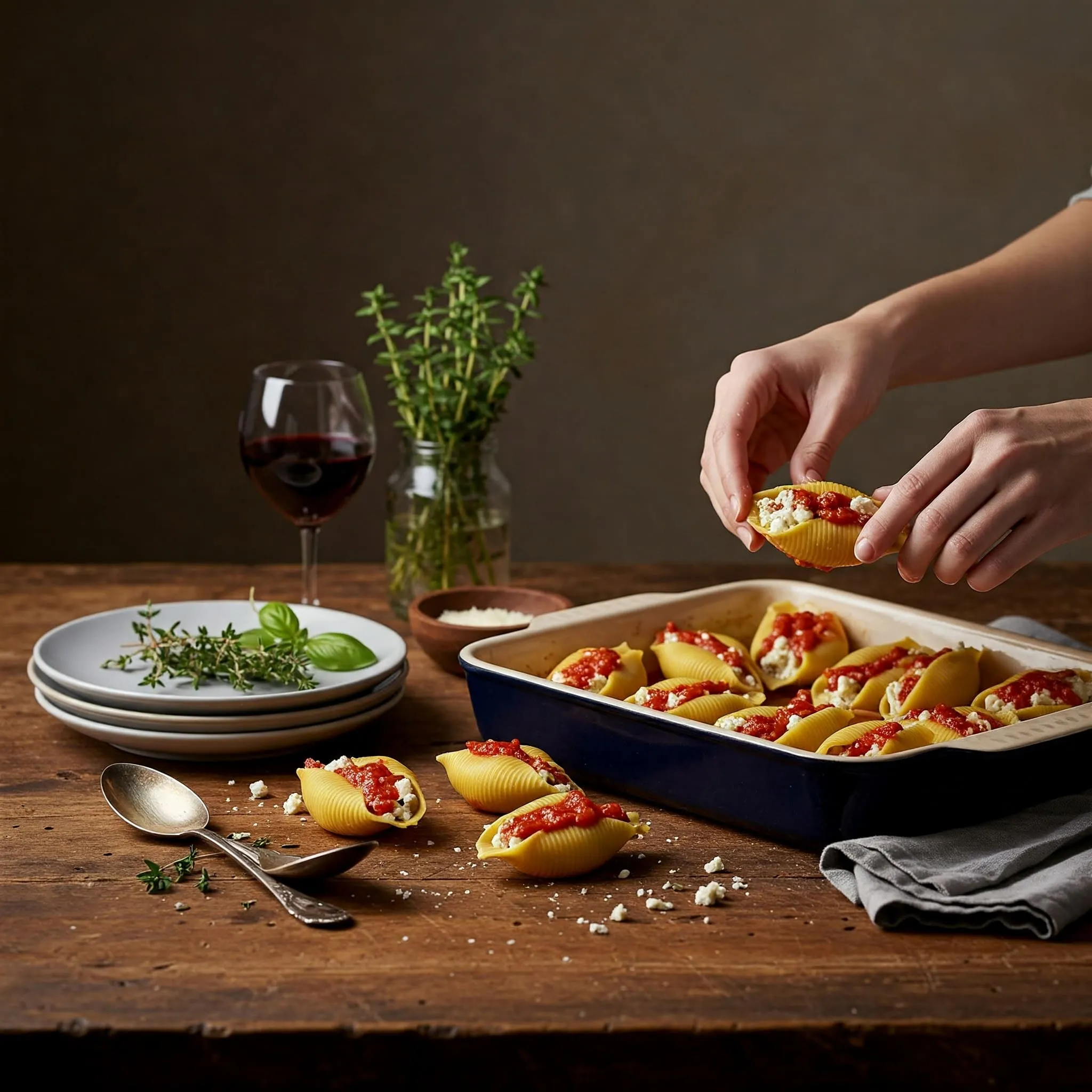 First-time cook preparing manicotti, stuffing pasta shells with ricotta cheese and placing them on a baking dish in a cozy kitchen.