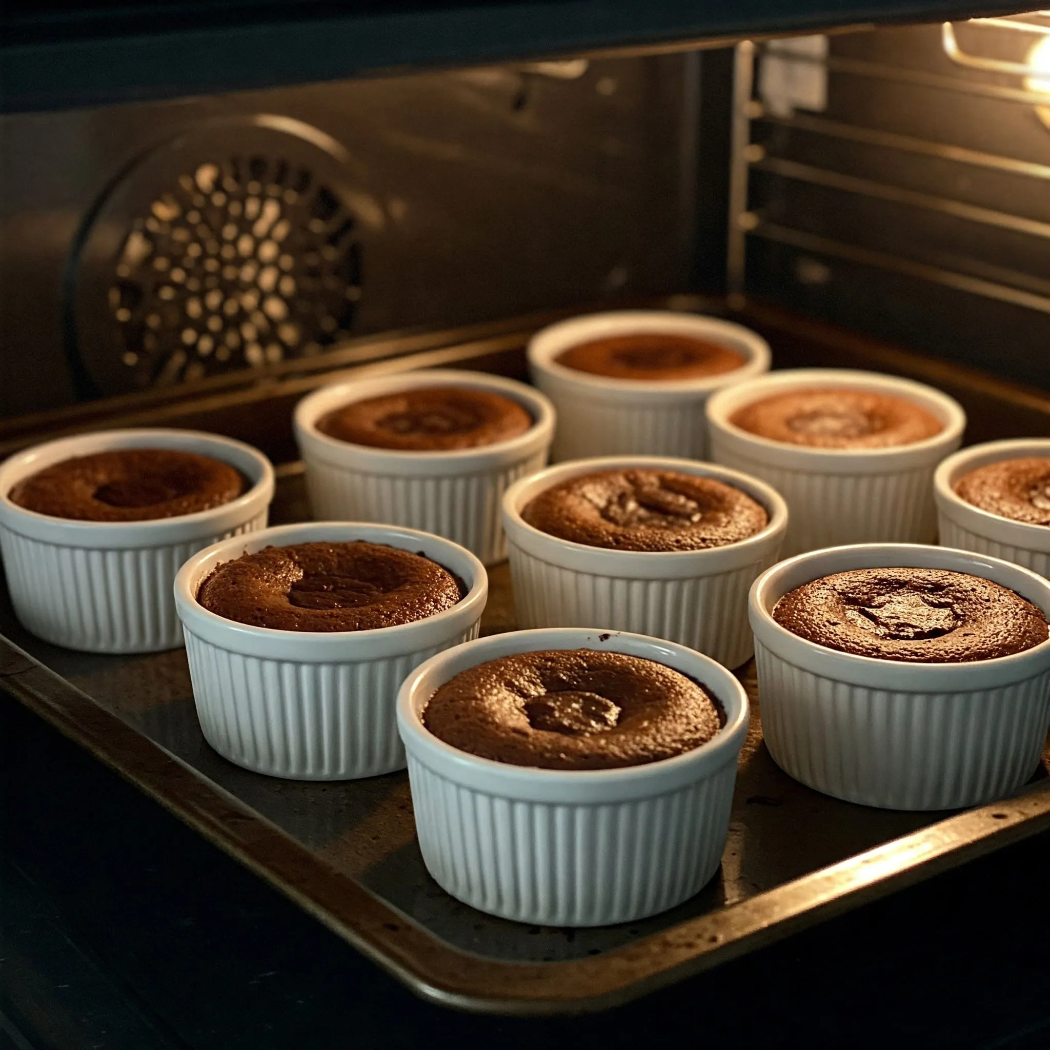 Ramekins of lava cake batter baking in the oven with set edges and jiggly centers.