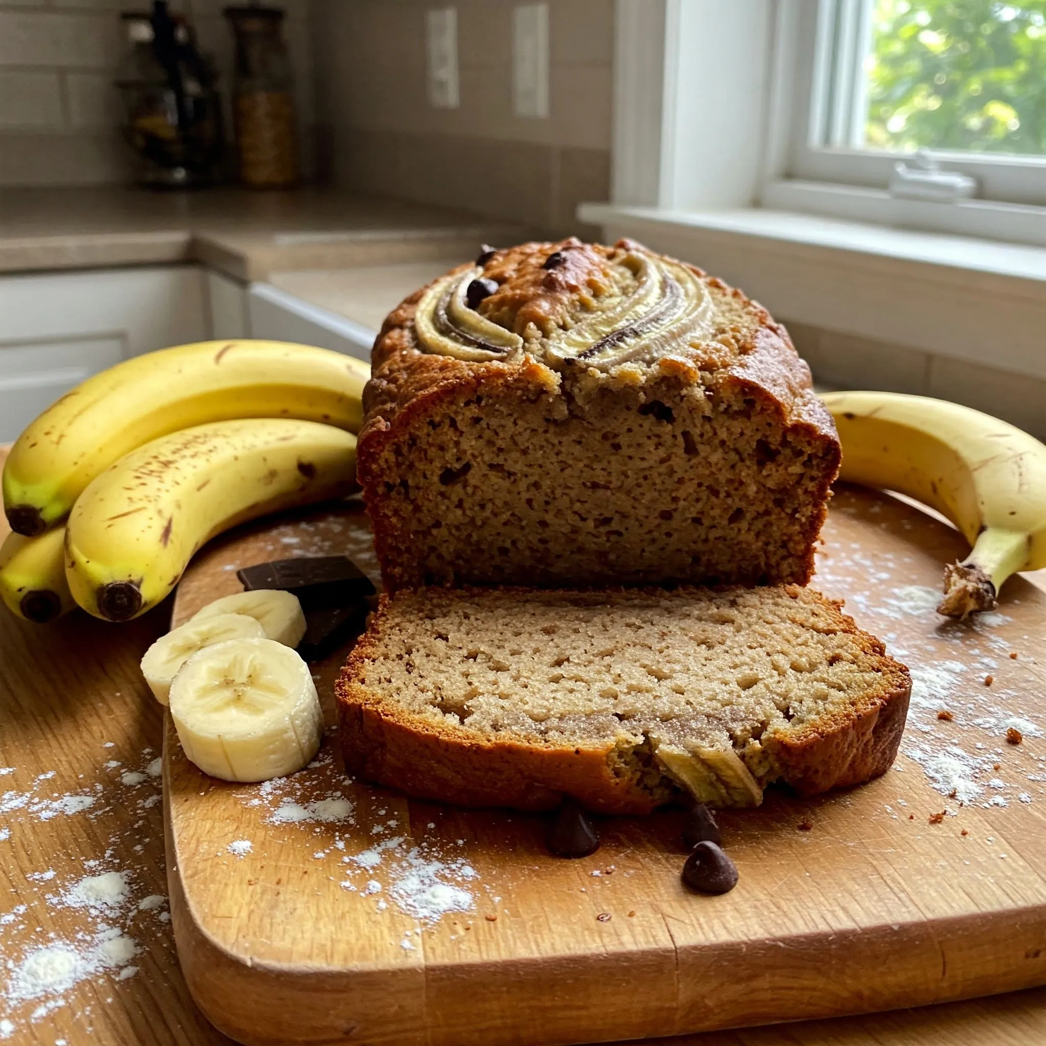 Homemade banana bread with chocolate chips, sliced and surrounded by ripe bananas.