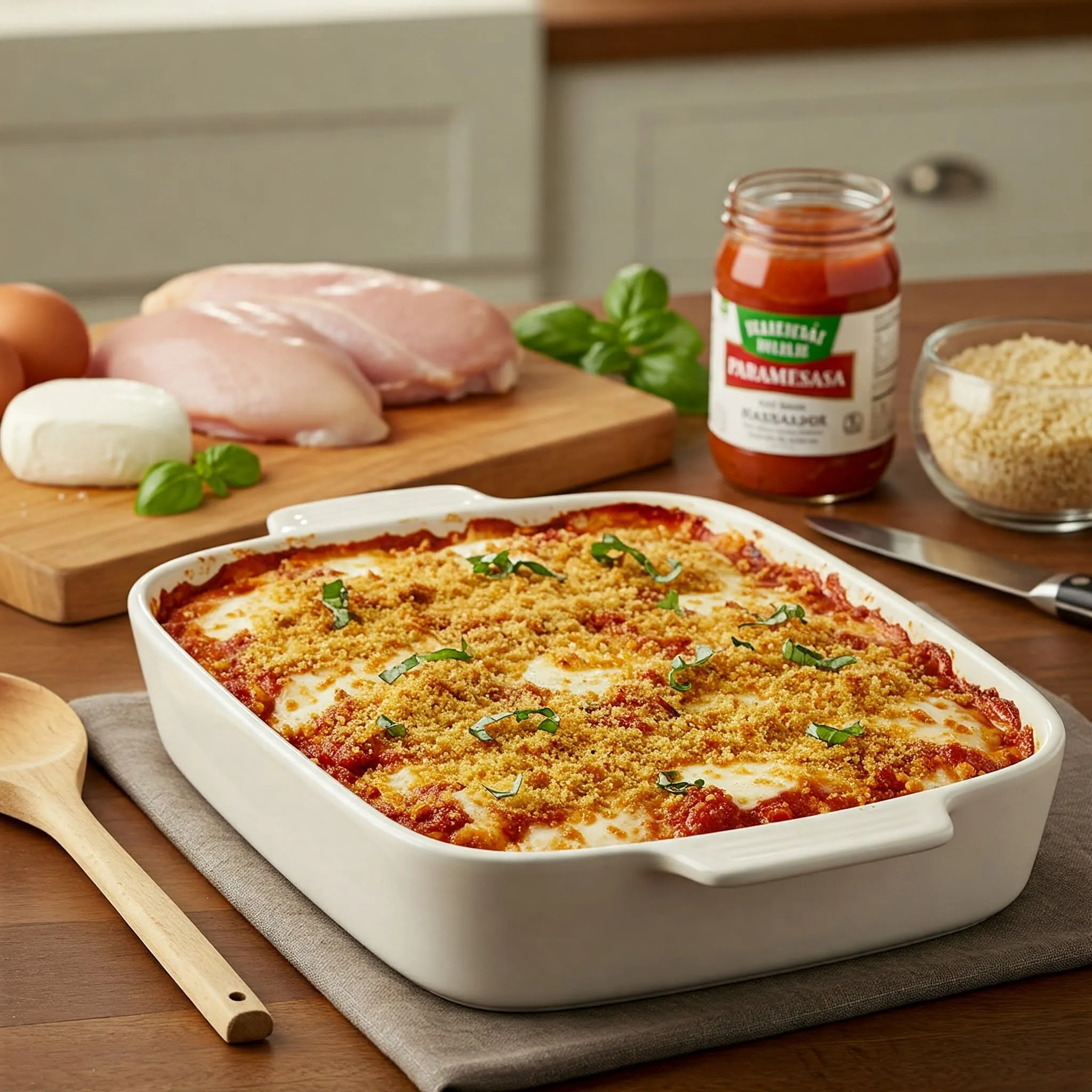 A freshly baked Chicken Parmesan Casserole with a golden, crispy breadcrumb topping and melted mozzarella and Parmesan cheese, garnished with fresh basil.