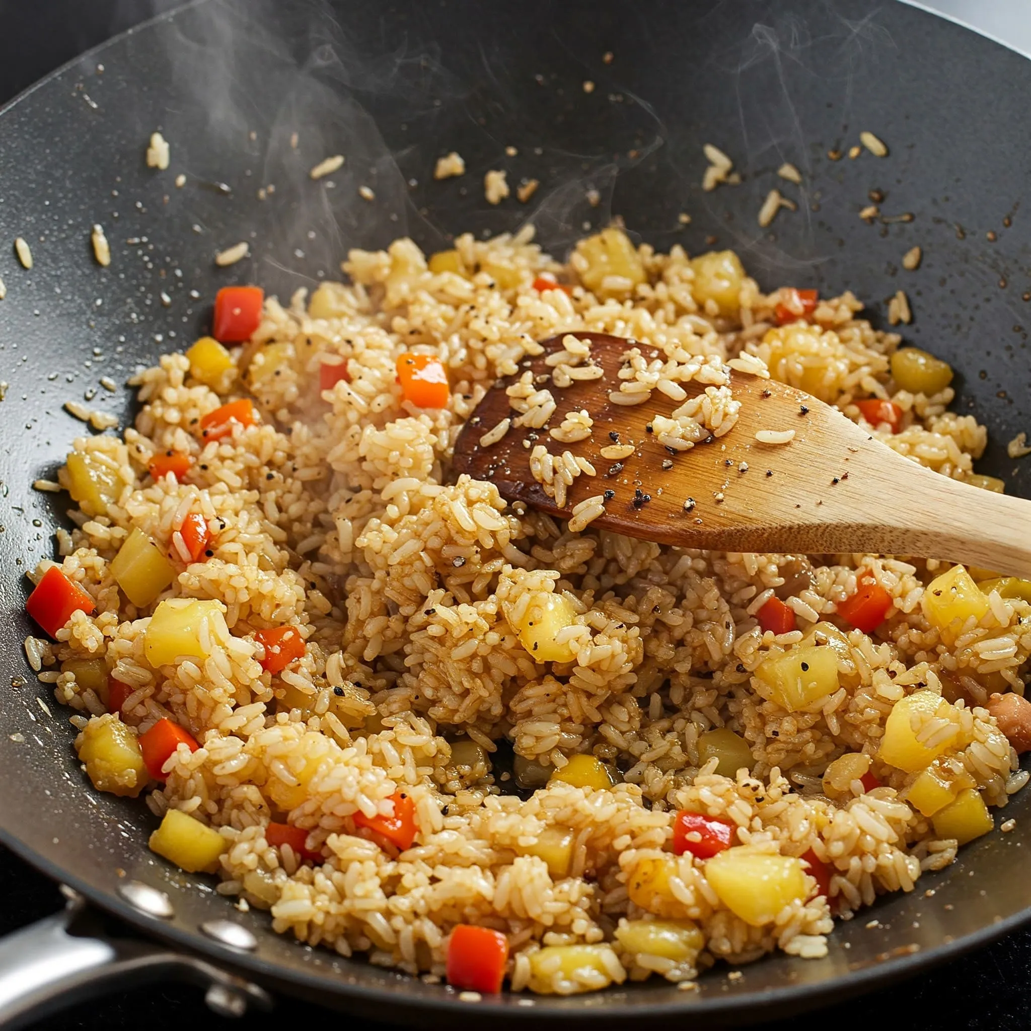 Wok with seasoned fried rice, soy sauce, sesame oil, and colorful vegetables.