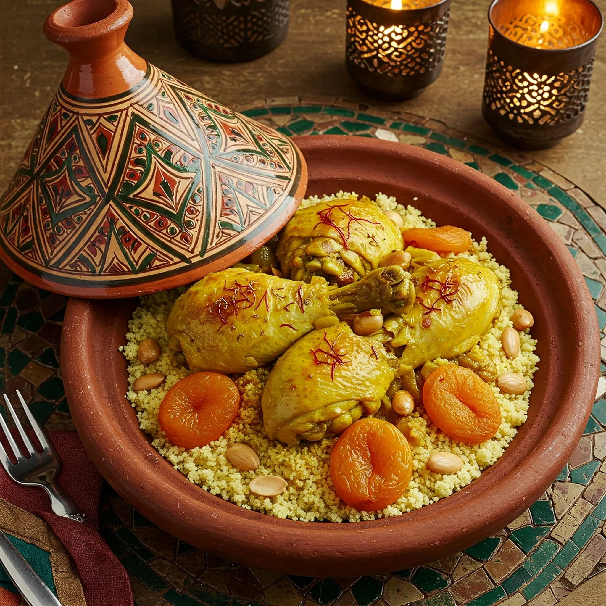 Moroccan chicken tagine with couscous, apricots, and almonds.