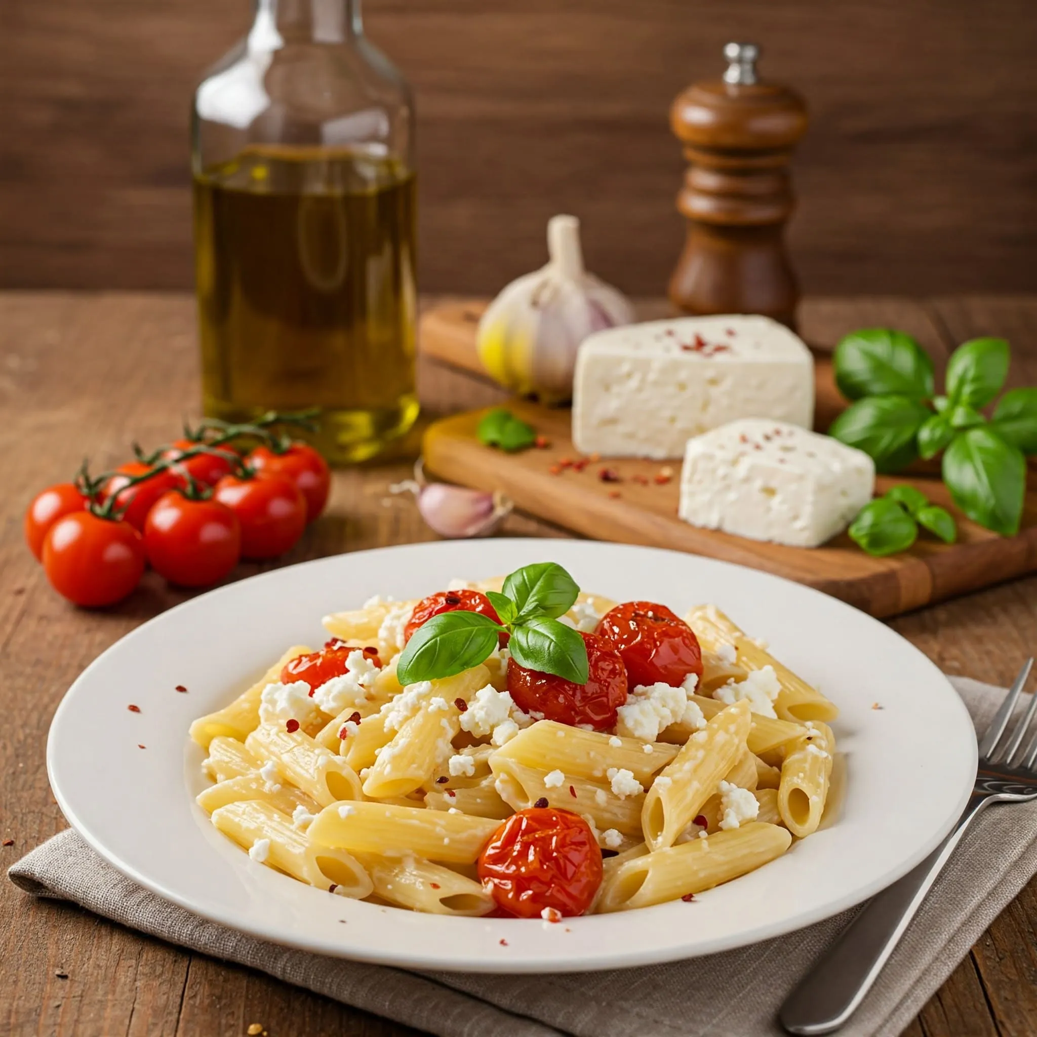 reamy feta pasta with roasted cherry tomatoes, fresh basil, and a sprinkle of red pepper flakes in a rustic Mediterranean kitchen.