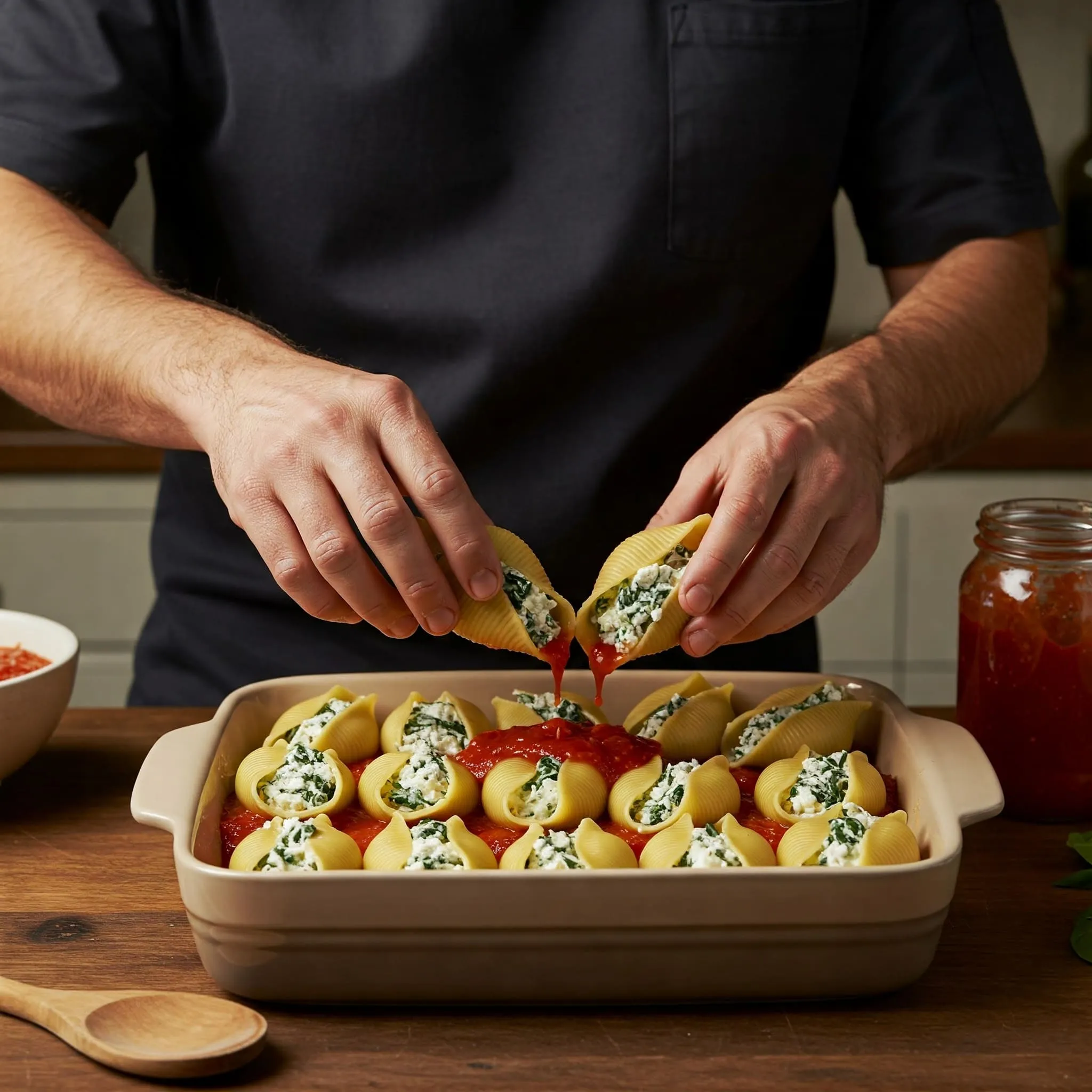 Cook assembling manicotti by layering marinara sauce in a baking dish and arranging stuffed pasta shells, ready for baking.nn