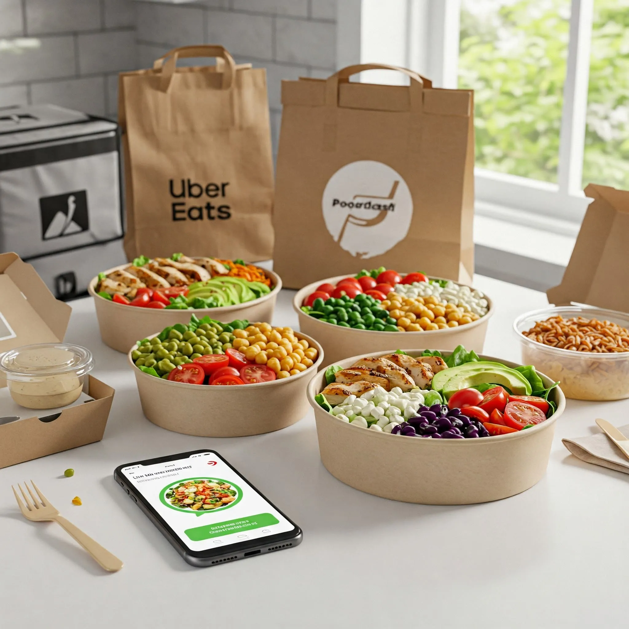 Fresh, vibrant salads with a variety of ingredients, ready for delivery, placed next to delivery bags from Uber Eats, DoorDash, and Postmates.