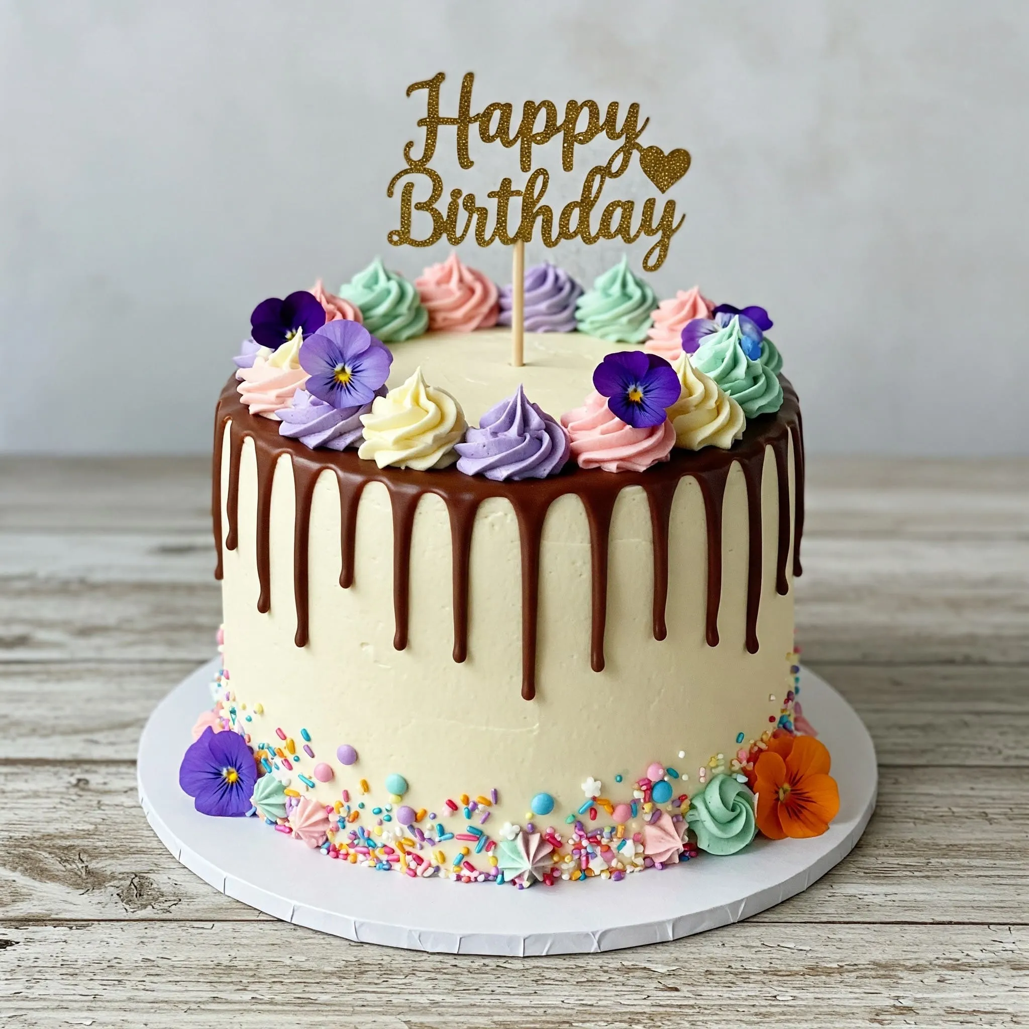 A beautifully decorated vanilla birthday cake with pastel buttercream, rainbow sprinkles, edible flowers, and a chocolate ganache drip.