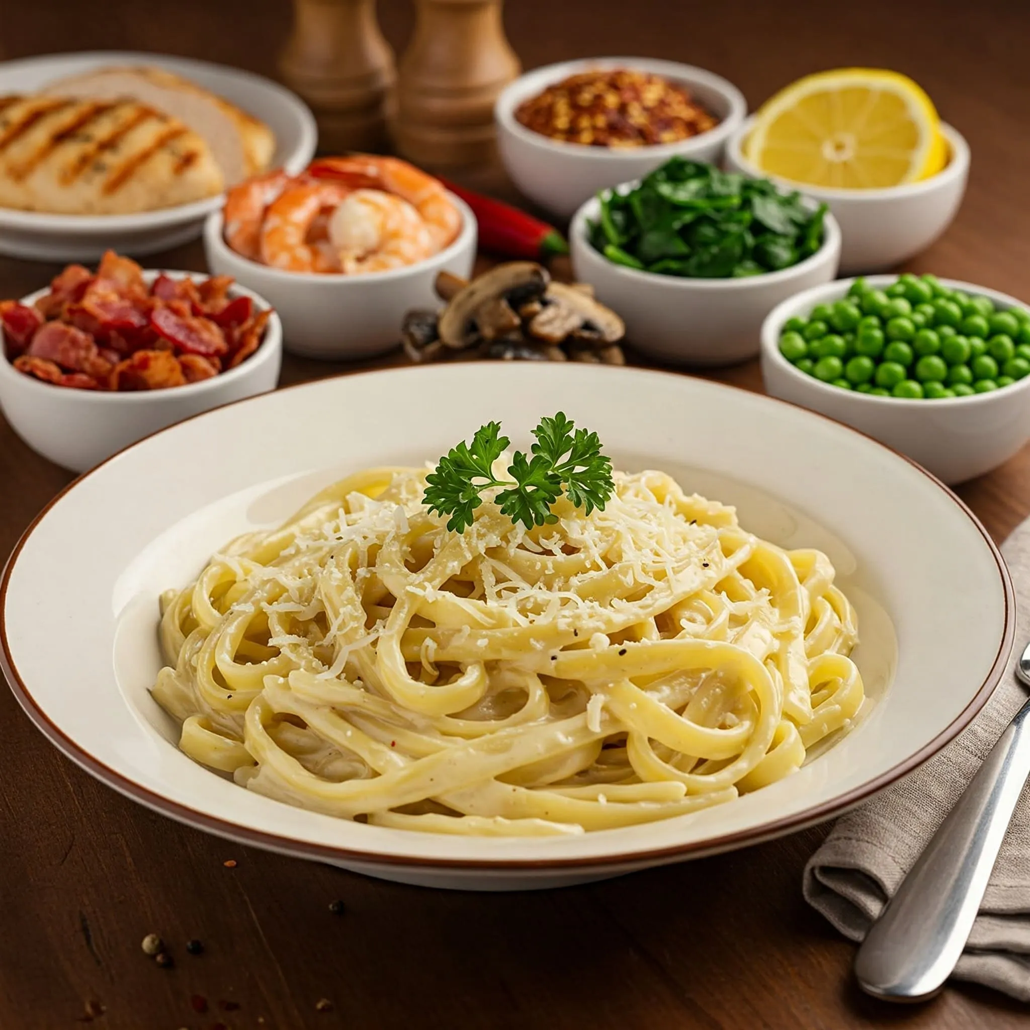 Customizable Fettuccine Alfredo with protein options, vegetables, spices, and gluten-free pasta.

