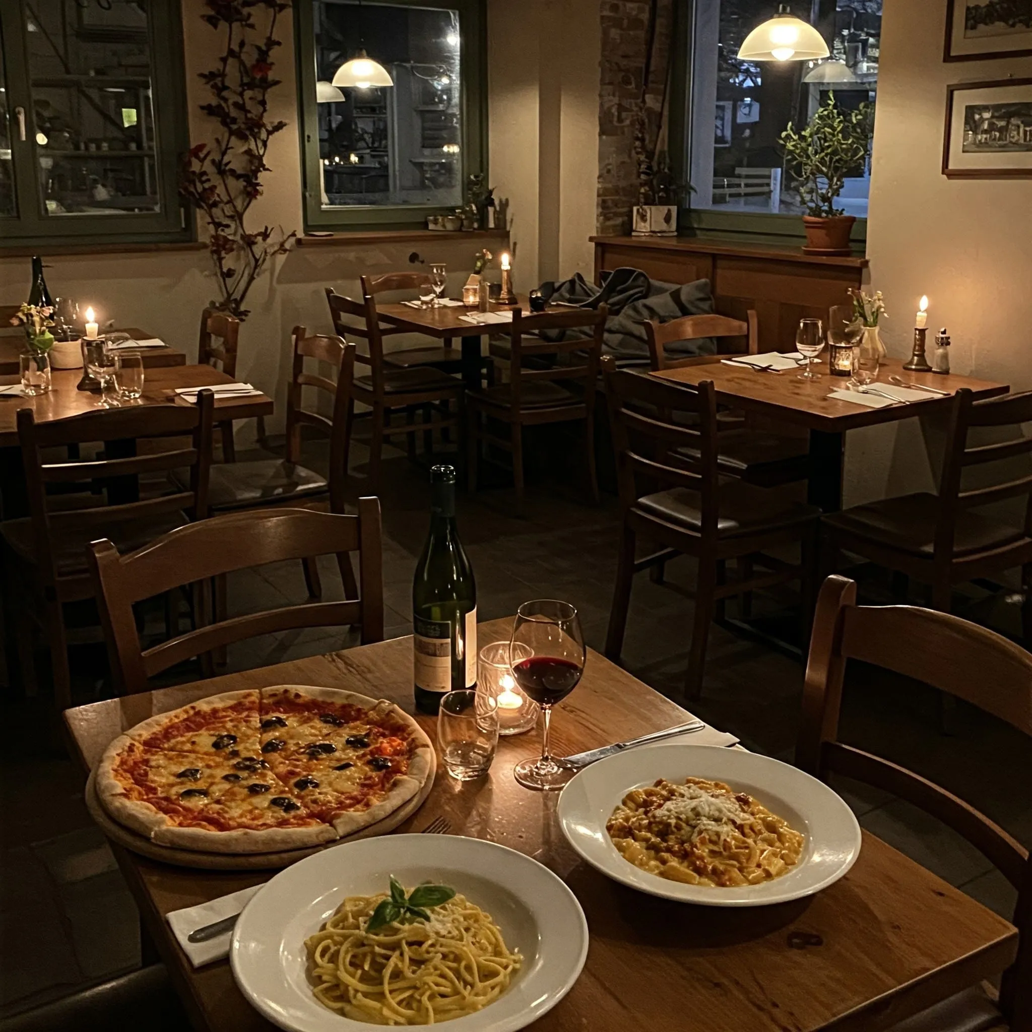 Cozy family-friendly and romantic atmosphere at an Italian restaurant with shared pizza and pasta.

