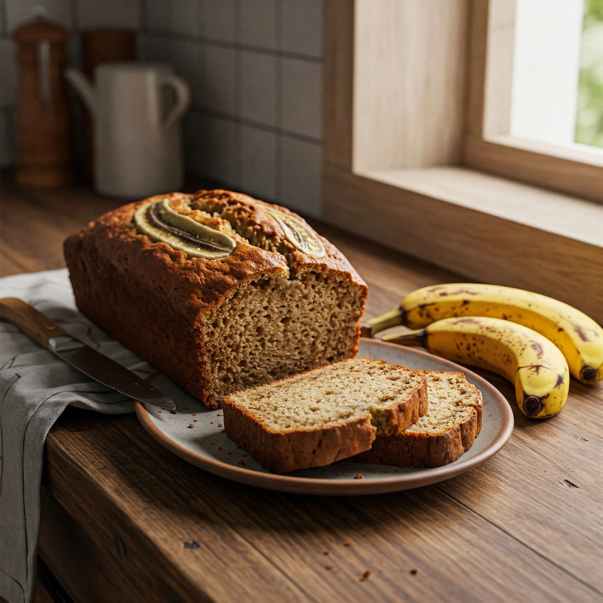 A freshly baked loaf of banana bread with slices arranged on a plate, surrounded by ripe bananas, creating a cozy, homely kitchen atmosphere.

