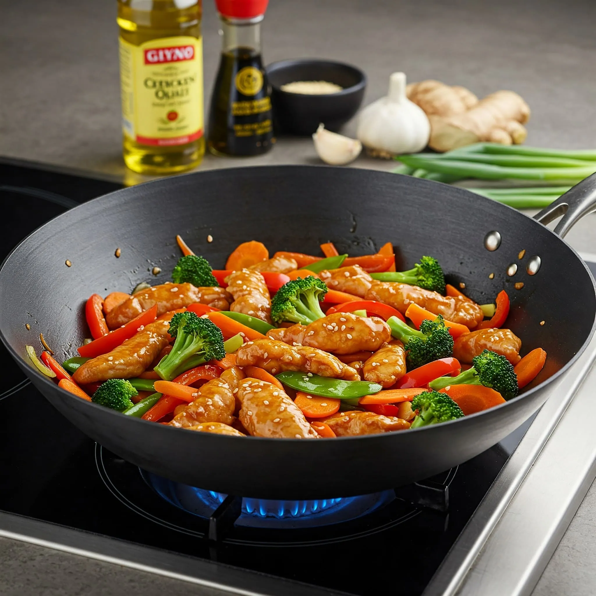 Chicken stir fry in a wok with vibrant vegetables like bell peppers, carrots, and broccoli, cooked with sesame oil, soy sauce, garlic, and ginger.