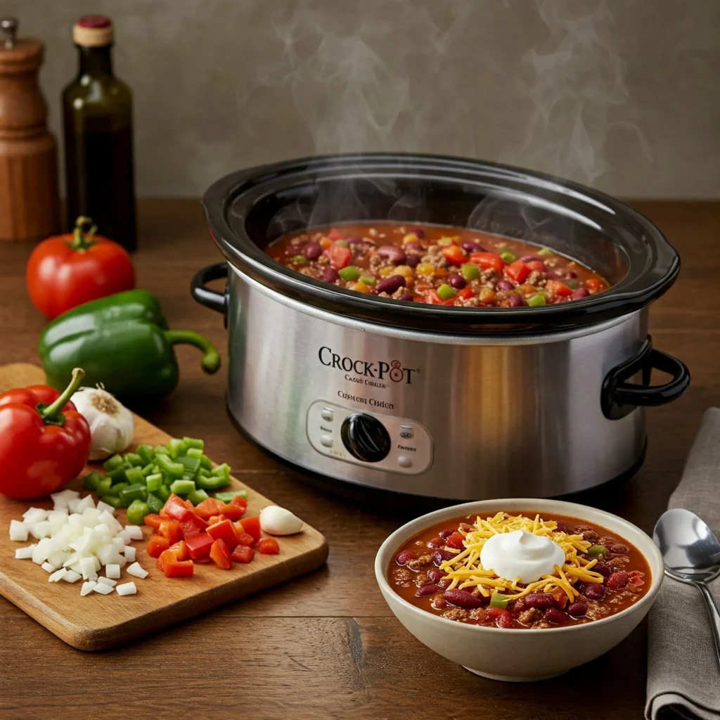 Crock Pot slow cooker chili with beans, ground beef, and fresh toppings in a cozy kitchen.