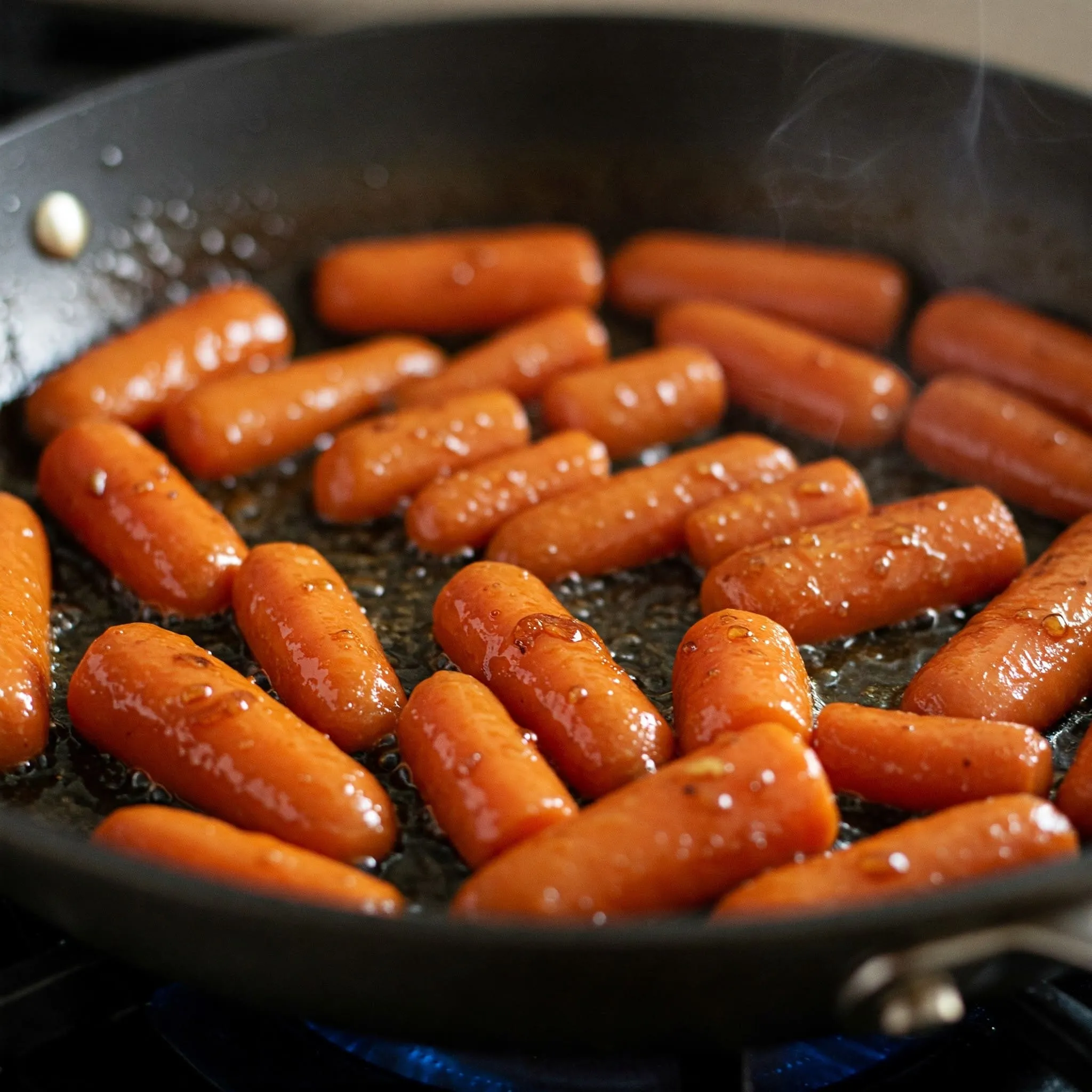 Sliced carrots cooking in a skillet with a thickened maple syrup glaze, becoming tender and caramelized.