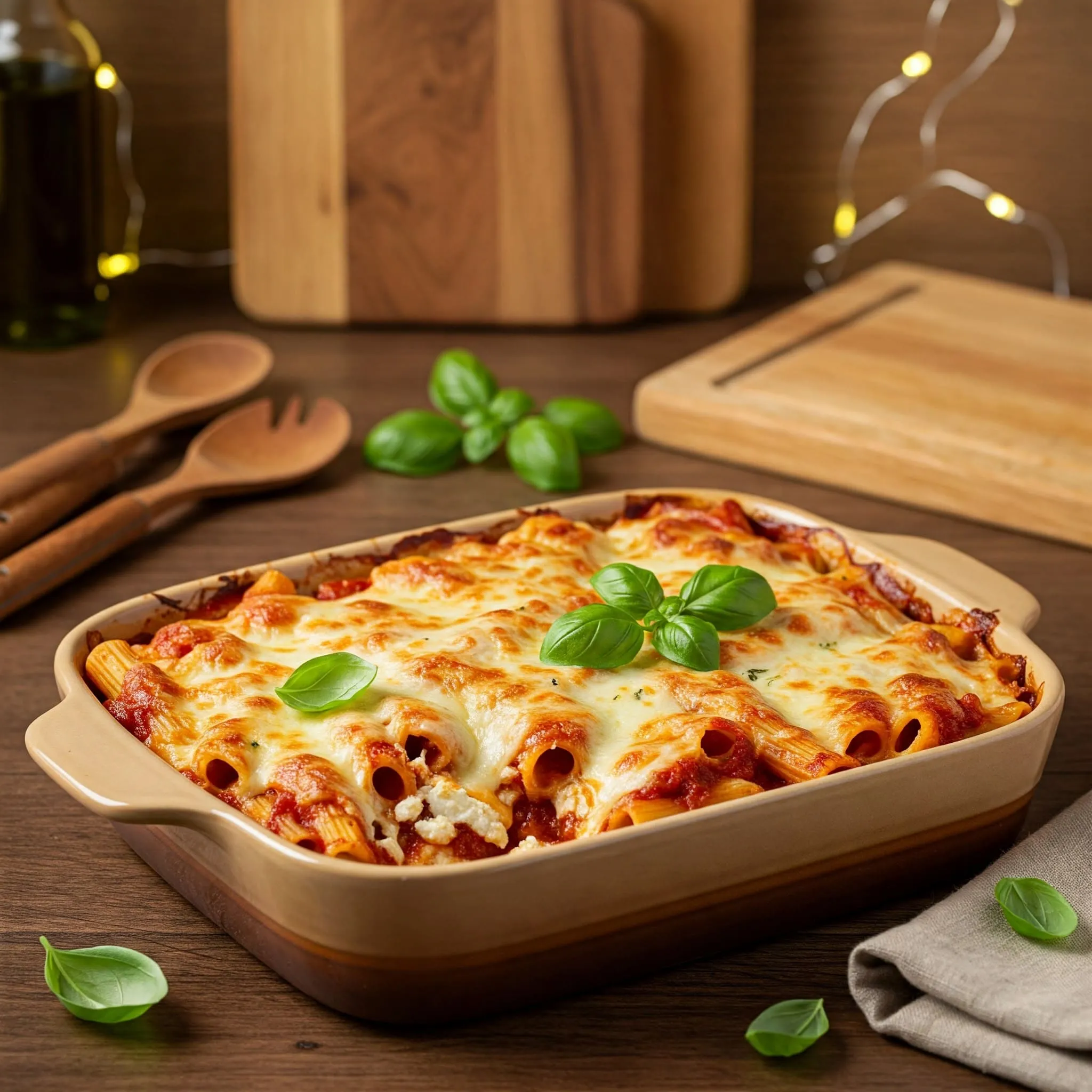 Baked ziti with melted cheese and marinara sauce served in a rustic kitchen setting