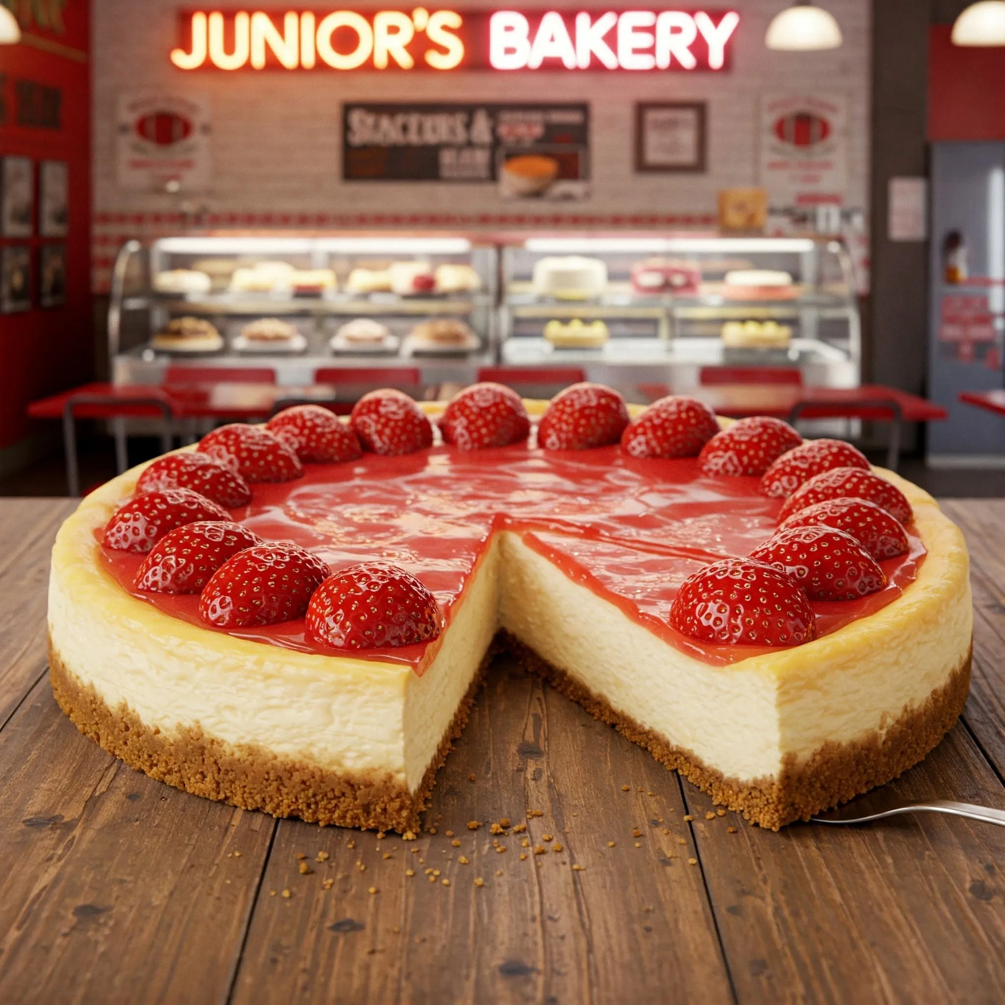 A classic Junior’s Bakery cheesecake with a golden crust, topped with strawberry glaze and fresh strawberries, served on a wooden table.