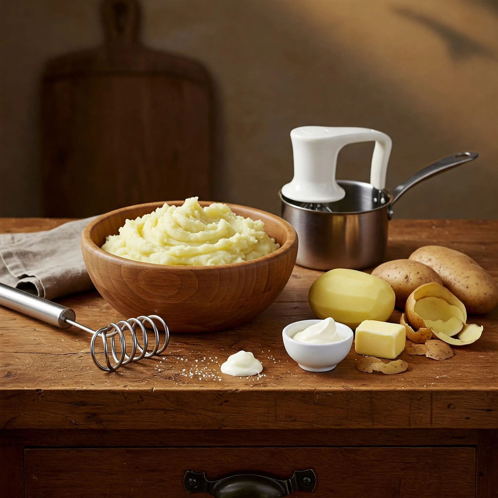 A rustic kitchen counter with mashed potatoes, a potato masher, a ricer, and ingredients like butter and cream, highlighting the process of making perfect mashed potatoes.